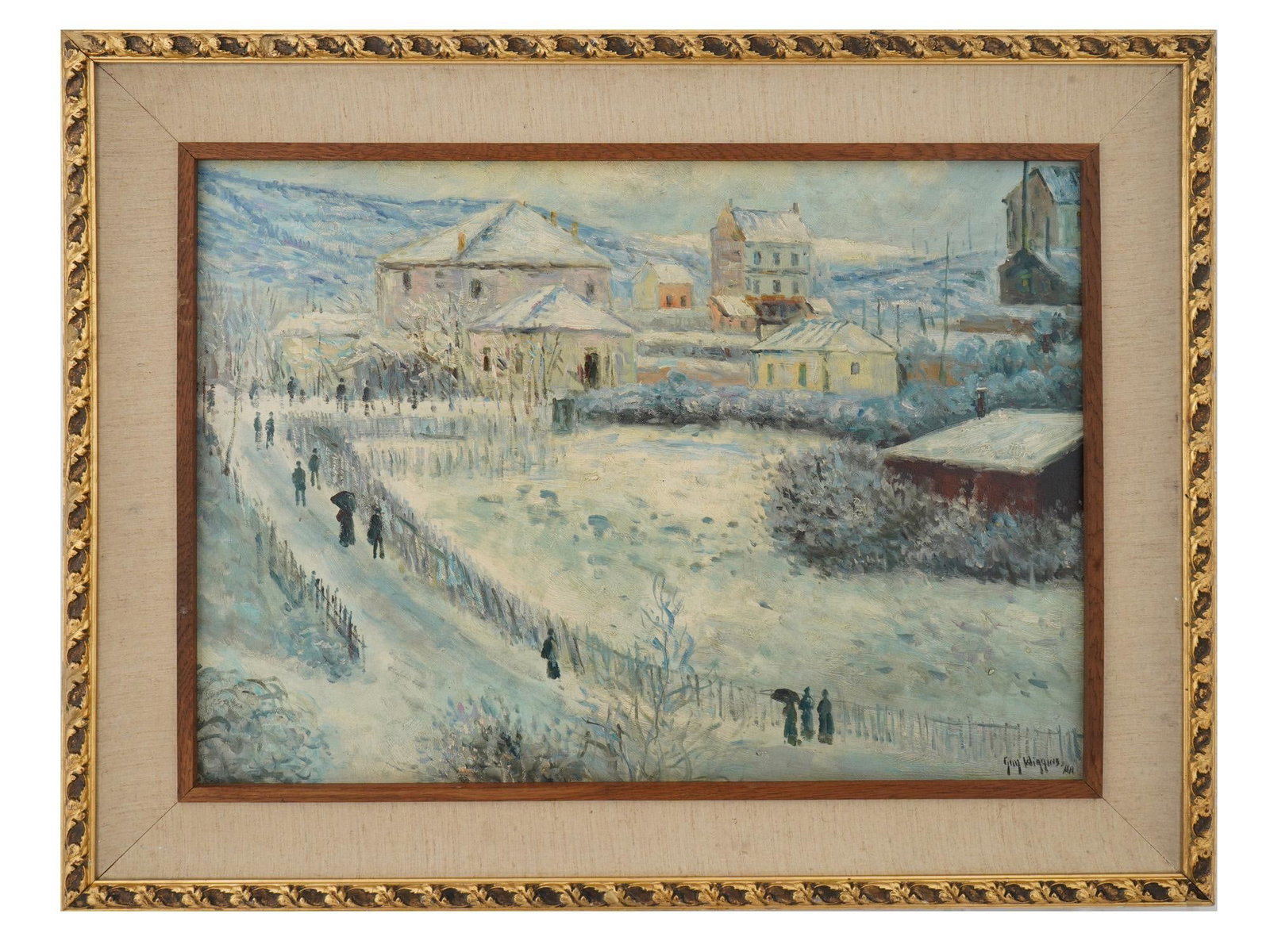 AFTER GUY WIGGINS AMERICAN OIL PAINTING WITH COA: An American School, oil painting on board, A Winter Morning, after the original painting by Guy Carleton Wiggins. Signed lower right. Framed. Completed with the certificate of authenticity of the Suli