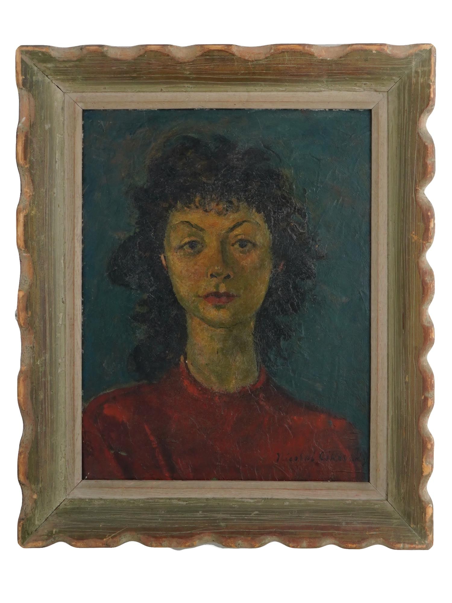 RUSSIAN PORTRAIT OIL PAINTING BY NICOLA CIKOVSKY: Nicolai S. Nicola Cikovsky, Russian, American, 1894 to 1984, oil painting on canvasboard depicting a portrait of a woman. Signed lower right. Framed. Additionally inscribed, on the backside. A paper l