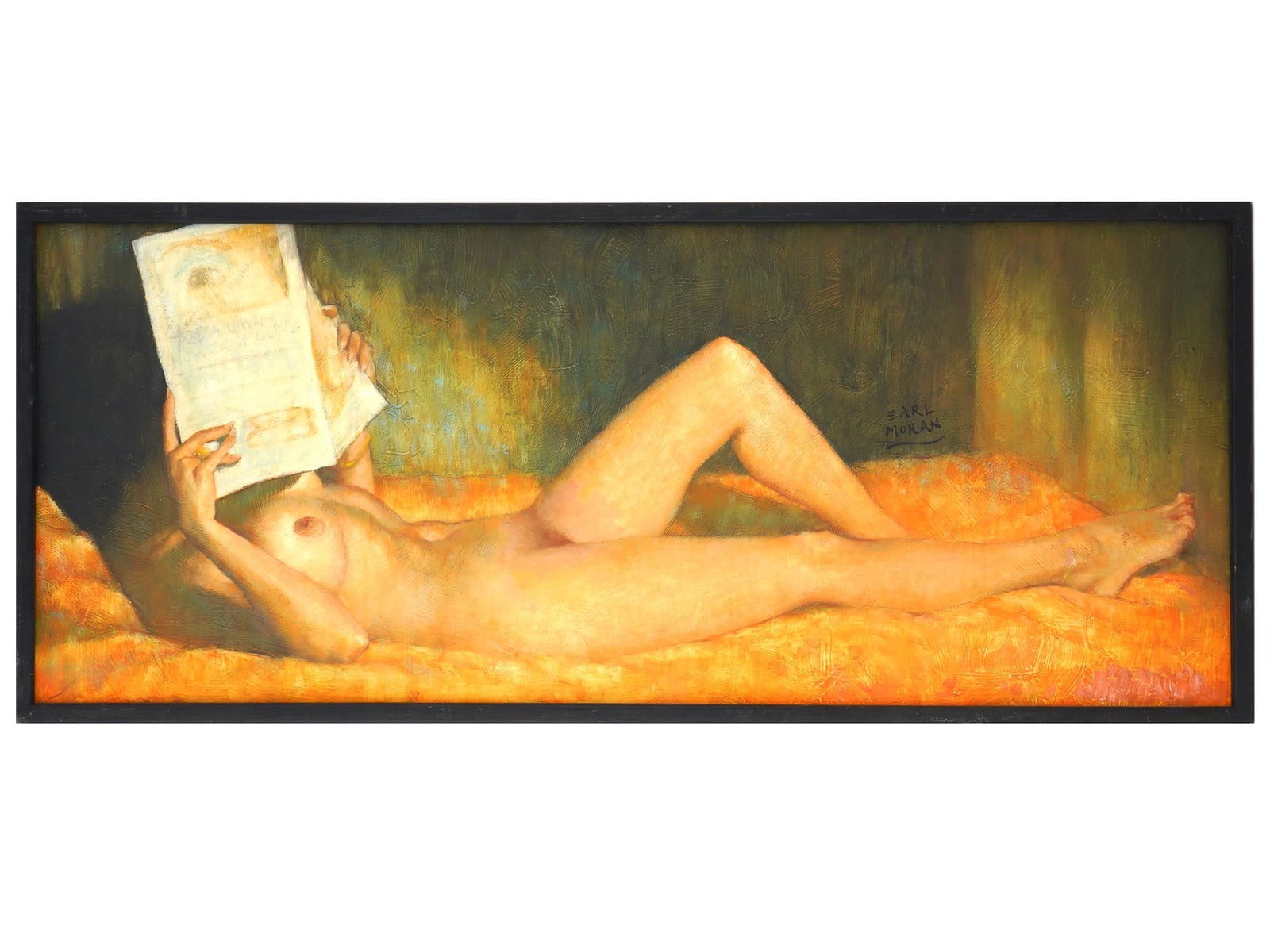 EARL MORAN AMERICAN NUDE PORTRAIT OIL PAINTING: Earl Steffa Moran, American, 1893 to 1984, oil painting on board depicting a portrait of a reclining nude woman. Signed to the center right. Framed. Earl Moran was an American pinup and glamour artist