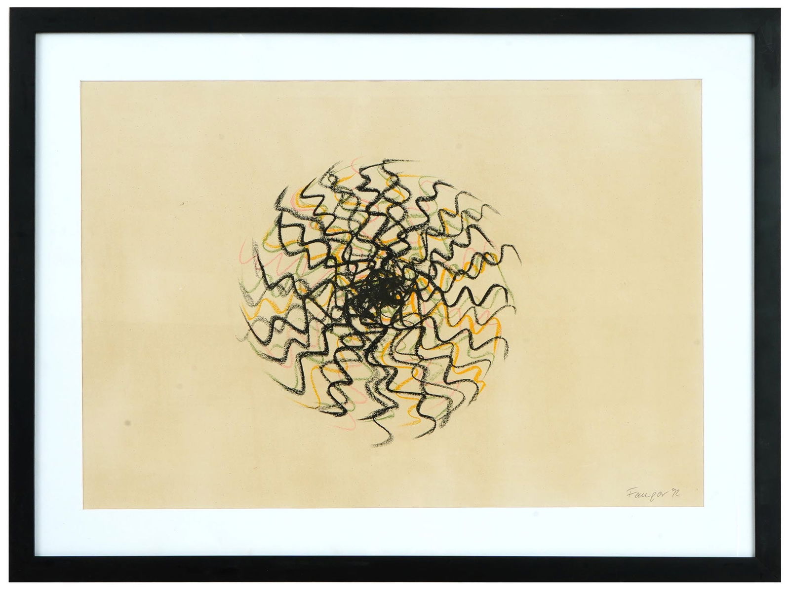 SIGNED WOJCIECK FANGOR POLISH ABSTRACT PAINTING: Oil pastel on paper painting signed Wojcieck Fangor, also known as Voy Fangor, 1922 to 2015, a Polish artist associated with Op art and Color field movements and recognized as a key figure in the hist