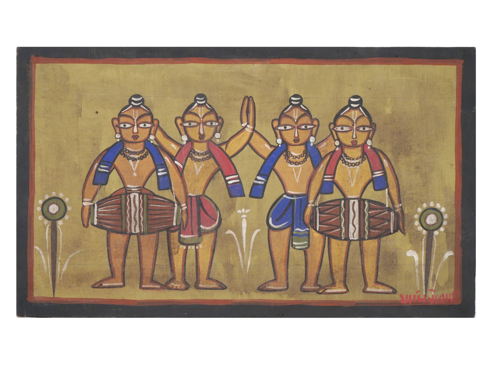 MODERN INDIAN TEMPERA PAINTING AFTER JAMINI ROY: An Indian tempera painting on board depicting a scene with musicians and dancers after the original painting by Jamini Roy, Indian, 1887 to 1972. Signed in Bengali, lower right. Jamini Roy is known fo