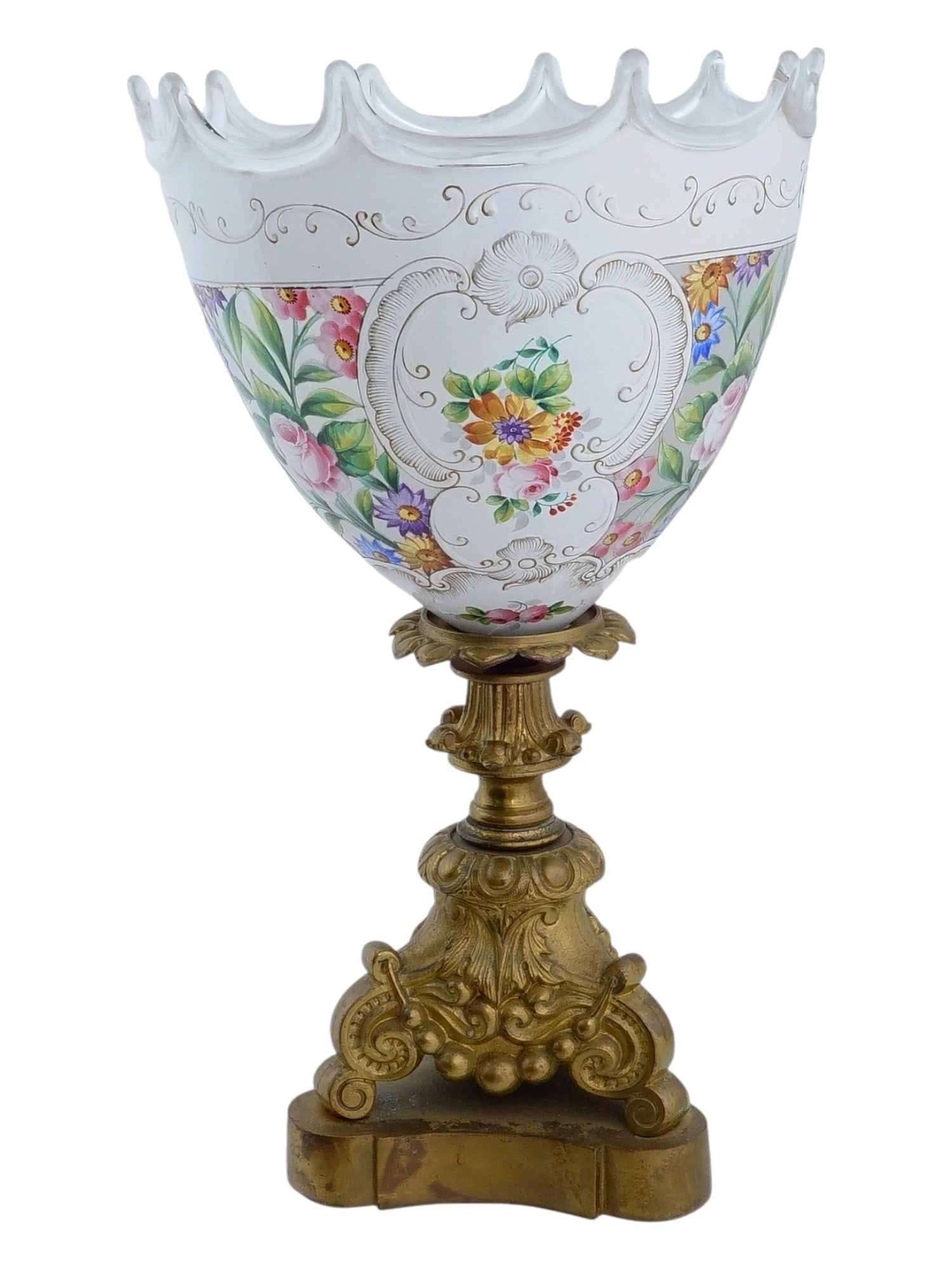 ANTIQUE 19TH CENTURY FRENCH GLASS AND BRONZE VASE: An antique, 19th century, French glass and bronze vase. The goblet shaped vase with a wavy top edge, hand painted with bright, elegant floral motifs. Raised on a bronze figurative base decorated with 