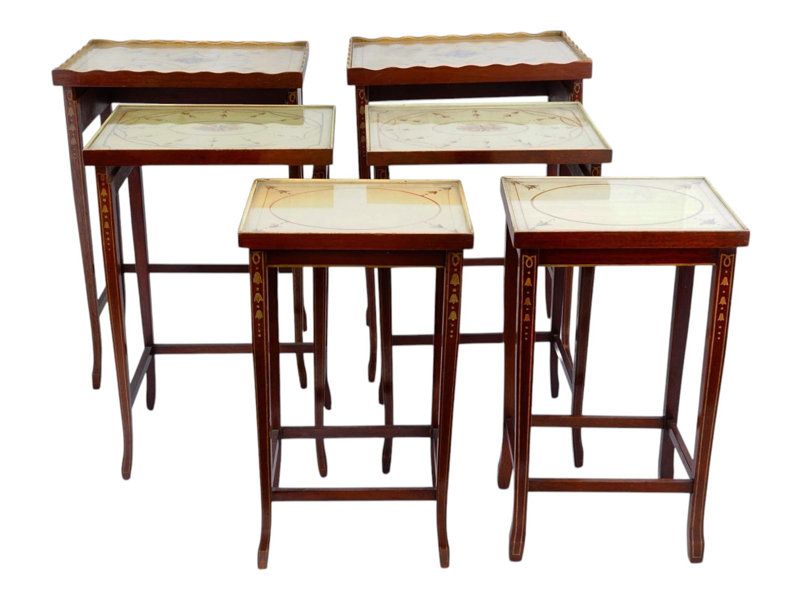 LOT OF ITALIAN HAND PAINTED WOOD COCKTAIL TABLES: A lot of six Italian hand painted hardwood cocktail tables with curved legs. The set consists of tables in various heights, making them versatile for different use. Each table is adorned with unique h