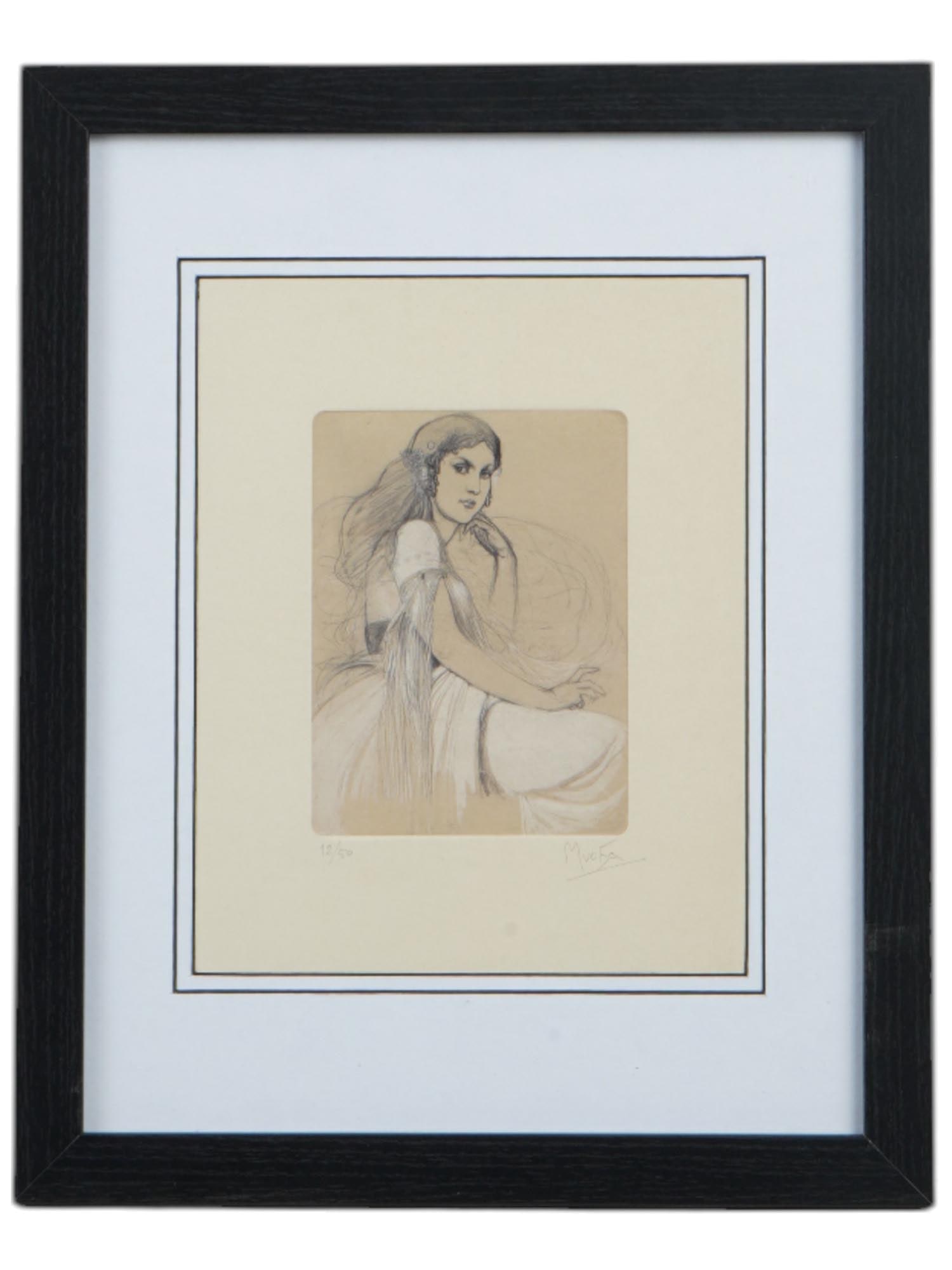SIGNED ALPHONSE MUCHA ART NOUVEAU PORTRAIT ETCHING: An Art Nouveau limited edition etching on paper signed Alphonse Mucha, Czech, French, 1860 to 1939. The artwork depicts the daughter of the artist Jaroslava Muchova. Was created in the 1920s. Numbered