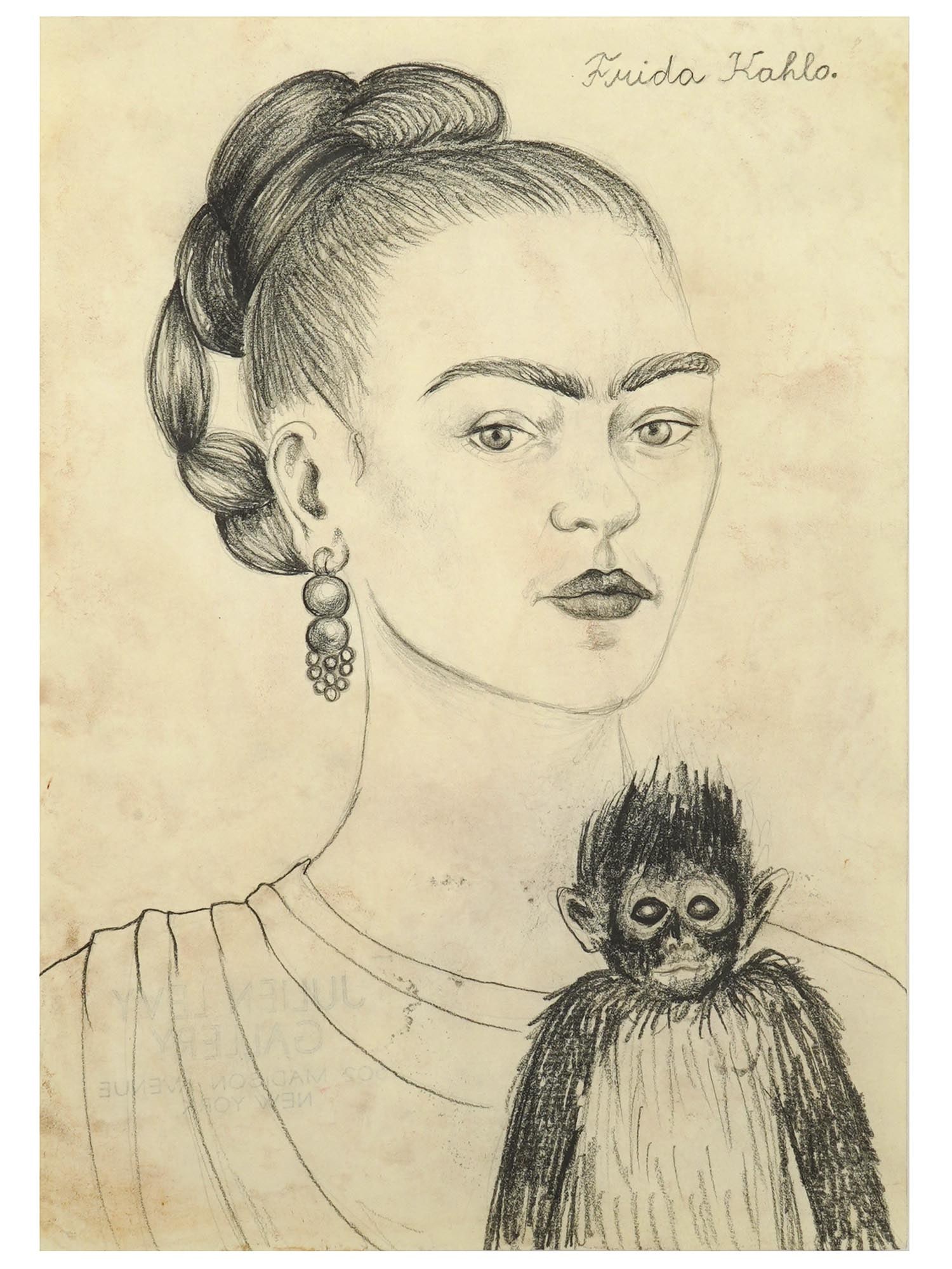 ATTR TO FRIDA KAHLO SELF PORTRAIT PENCIL PAINTING (1 of 5)