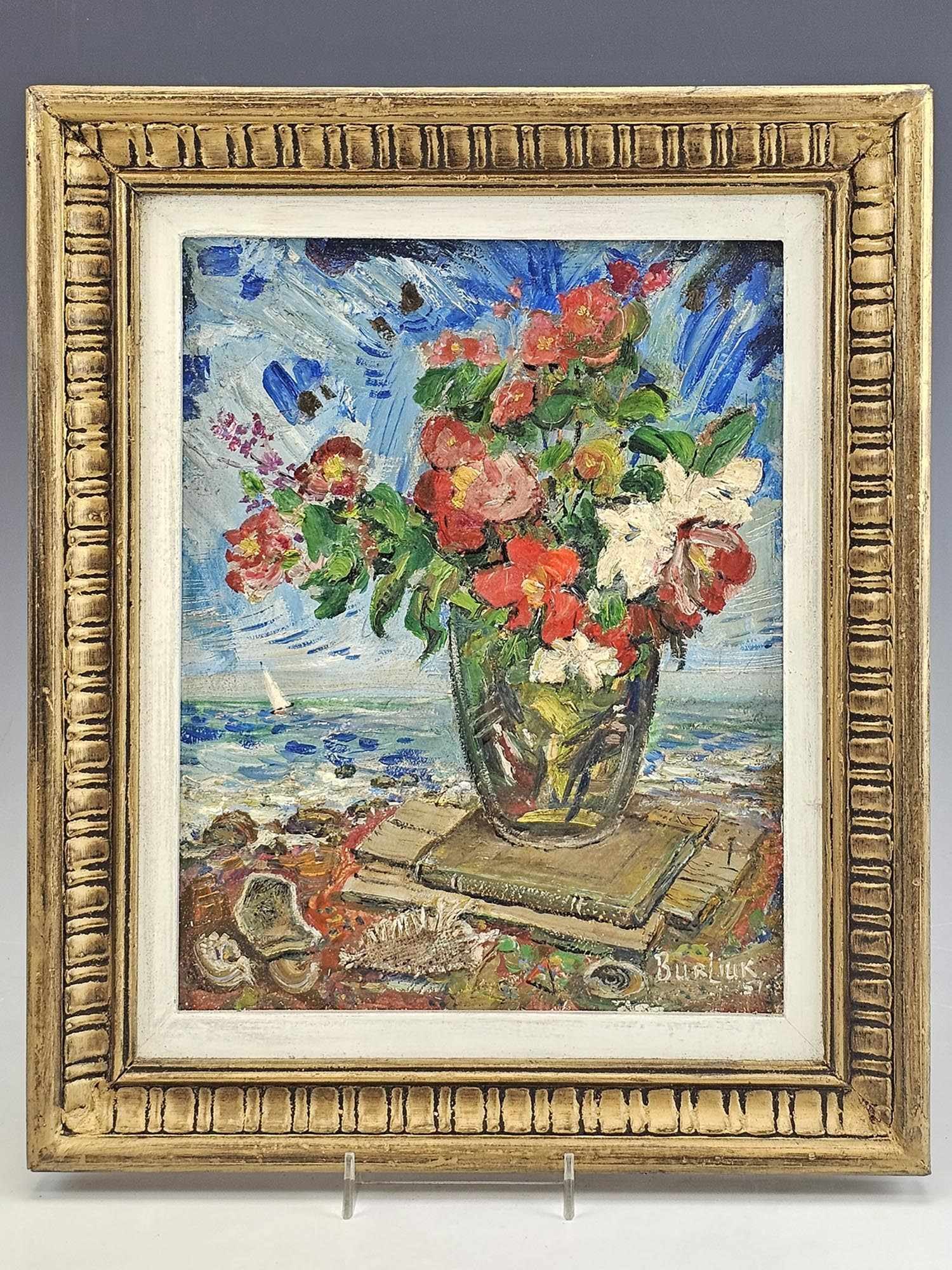 RUSSIAN STILL LIFE OIL PAINTING BY DAVID BURLIUK: David Davidovich Burliuk, Ukrainian, Russian, 1882 to 1967, an oil on board painting depicting a still life with flowers and sea shells by the sea, 1951. Signed and dated lower right. Additionally sig