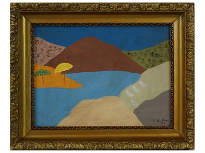 ATTR TO MILTON AVERY AMERICAN LANDSCAPE PAINTING: Oil on canvas painting. Attributed to Milton Clark Avery, 1885 to 1965, an American artist known as a colorist focused on serene mood, harmony, and rounded shapes. Although never associated with a par