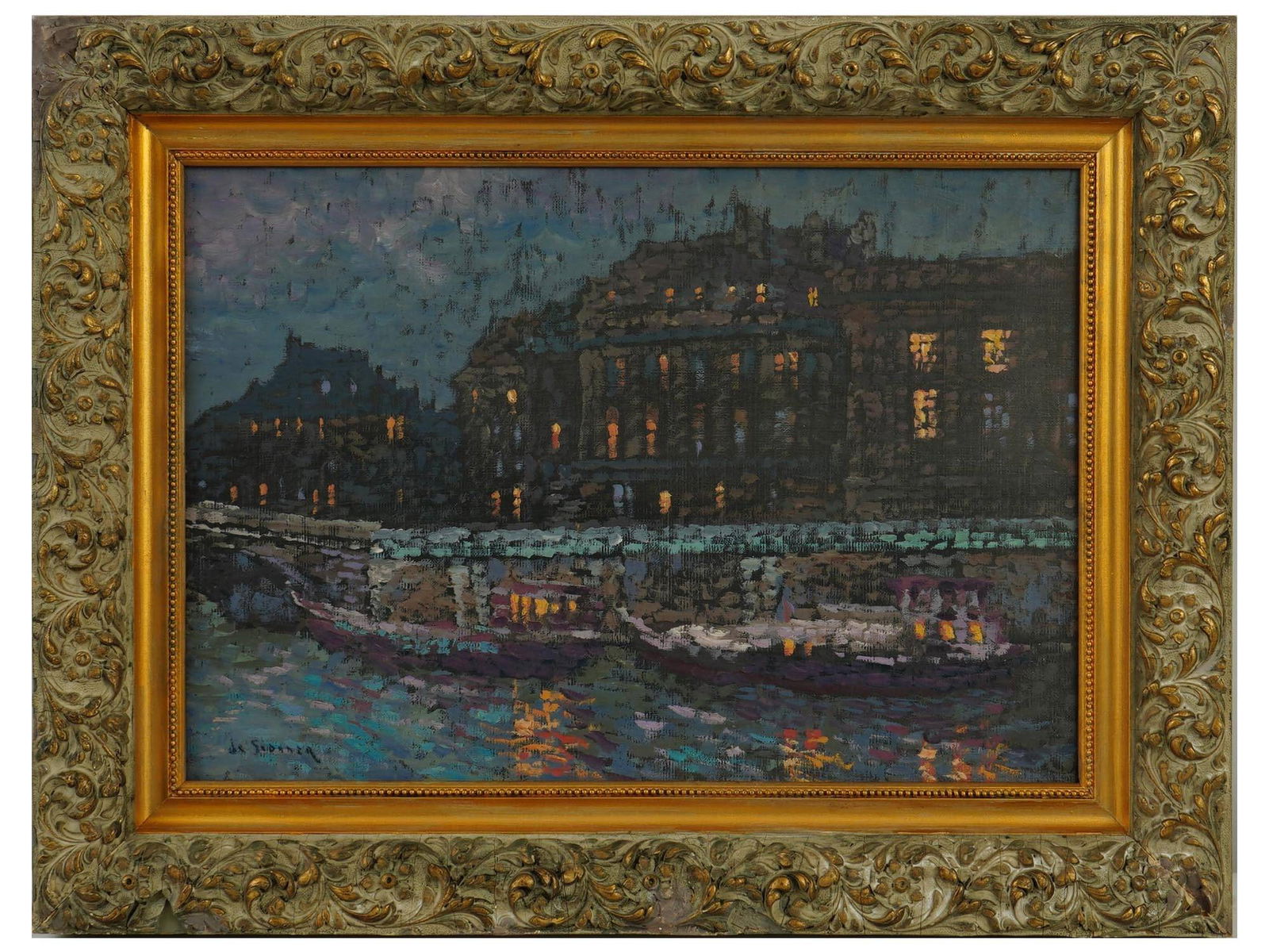 ATTR TO HENRI LE SIDANER FRENCH CITYSCAPE PAINTING: Oil on canvas painting. Attributed to Henri Eugene Augustin Le Sidaner, 1862 to 1939, a French artist whose style contained elements of Impressionism with the influences of Edouard Manet, Claude Monet