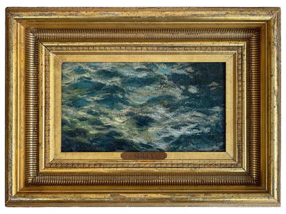 ALFRED SISLEY FRENCH IMPRESSIONIST OIL PAINTING: Alfred Sisley, French, 1839 to 1889, an impressionist oil on board painting Sea. Housed in a gilt wood and gesso frame with a metal name plate below. Note: Alfred Sisley was a French Impressionist pai