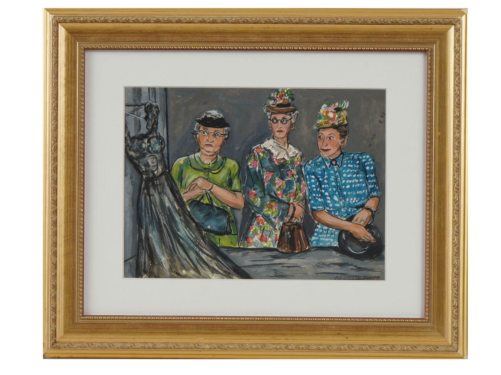 AMERICAN MIXED MEDIA PAINTING SIGNED REGINALD MARSH: A Modern mixed media painting on paper depicting an Expressionist scene with three ladies and a dress. Signed, Reginald Marsh, lower right. Framed. Reginald Marsh, American, 1898 to 1954, was an Ameri