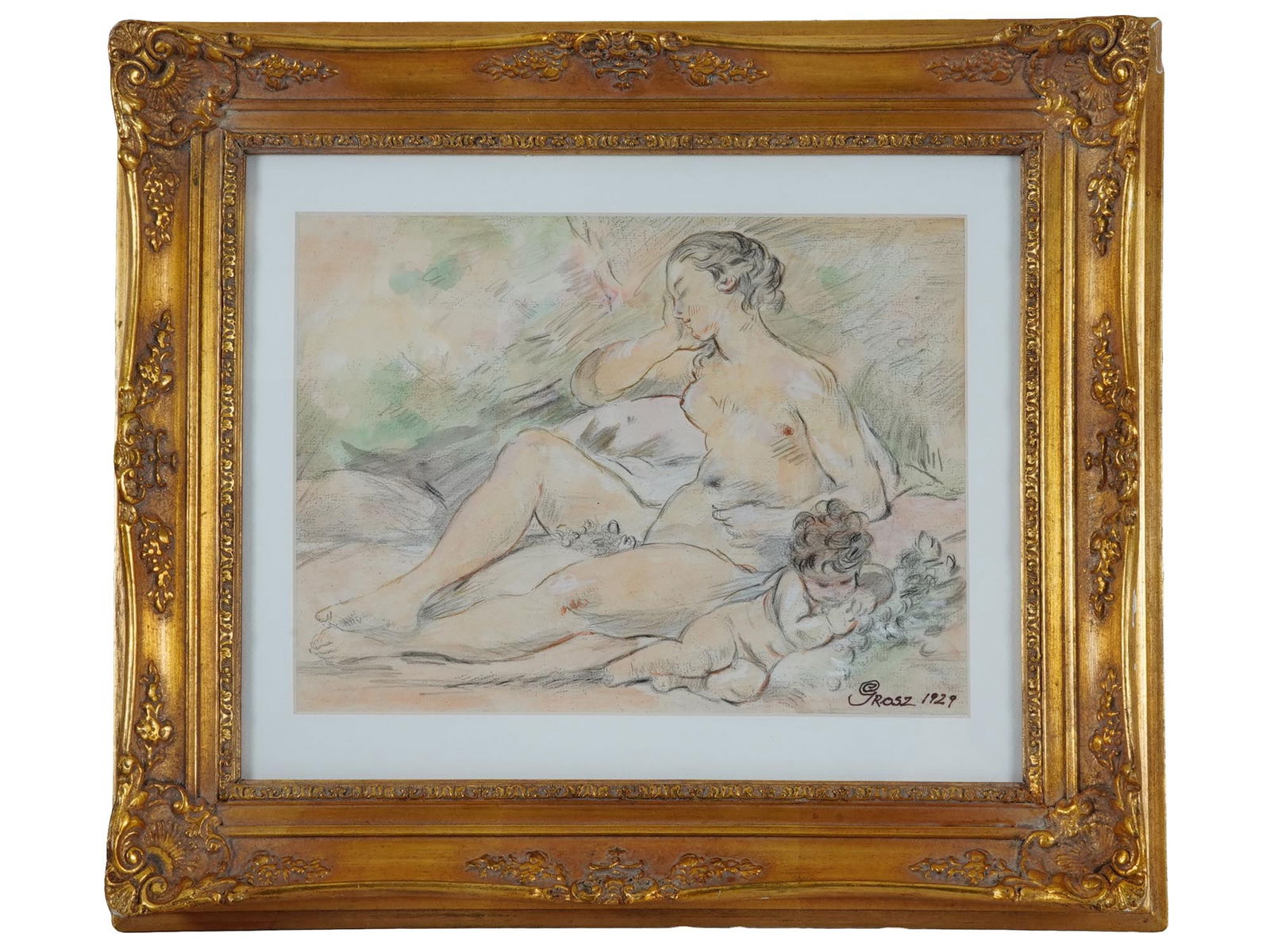 NUDE WOMAN MIXED MEDIA PAINTING SIGNED GEORGE GROSZ: A mixed media painting on paper depicting a double portrait of a nude woman and a child, 1929. Signed, Grosz, and dated, lower right. Framed. George Ehrenfried Grosz, 1893 to 1959, was a German artist