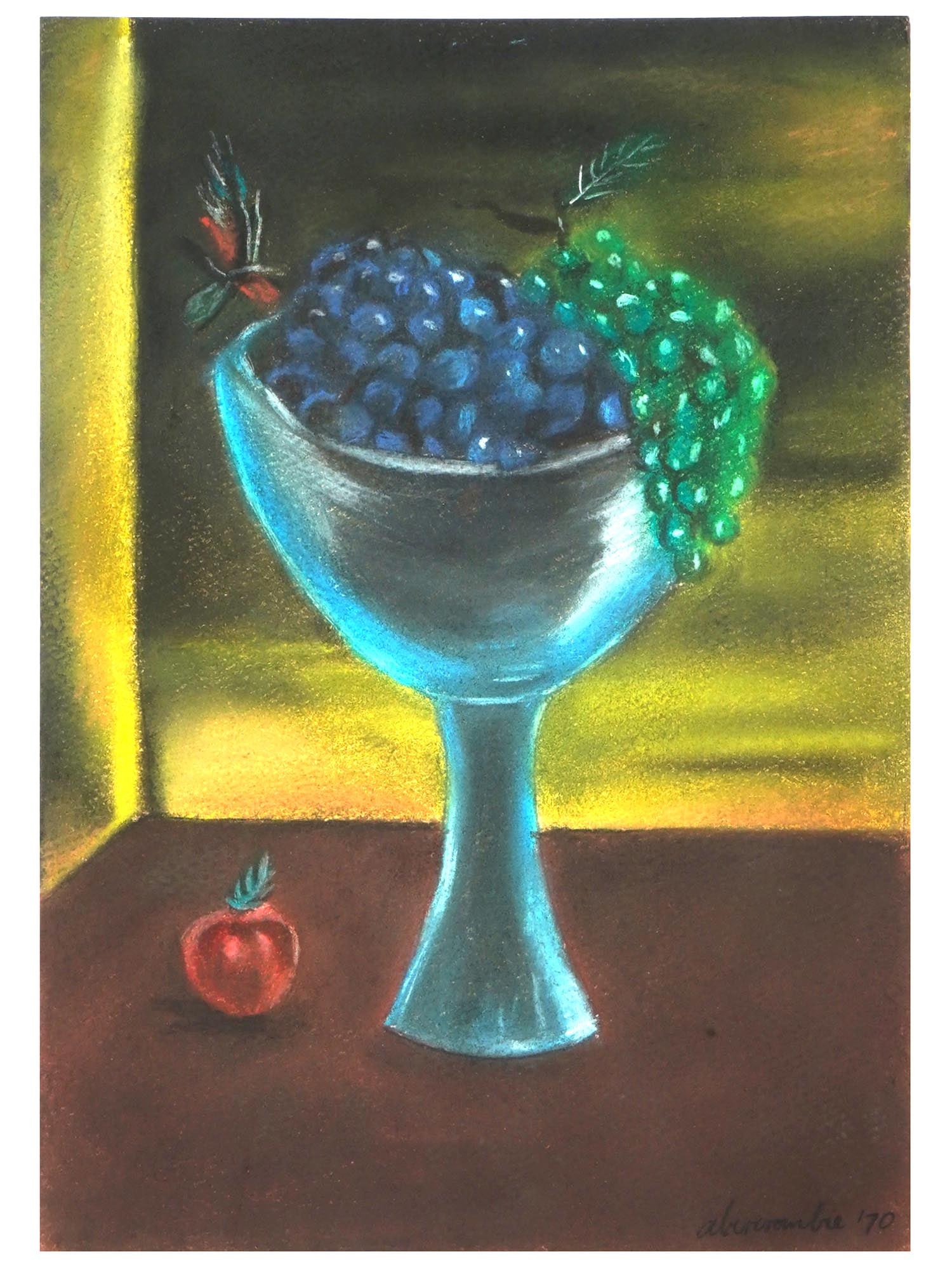 AFTER GERTRUDE ABERCROMBIE AMERICAN PASTEL PAINTING: Oil pastel on paper painting. After Gertrude Abercrombie, 1909 to 1977, an American painter based in Chicago famous for her bohemian lifestyle. The artwork represents a still life with grapes in a tal