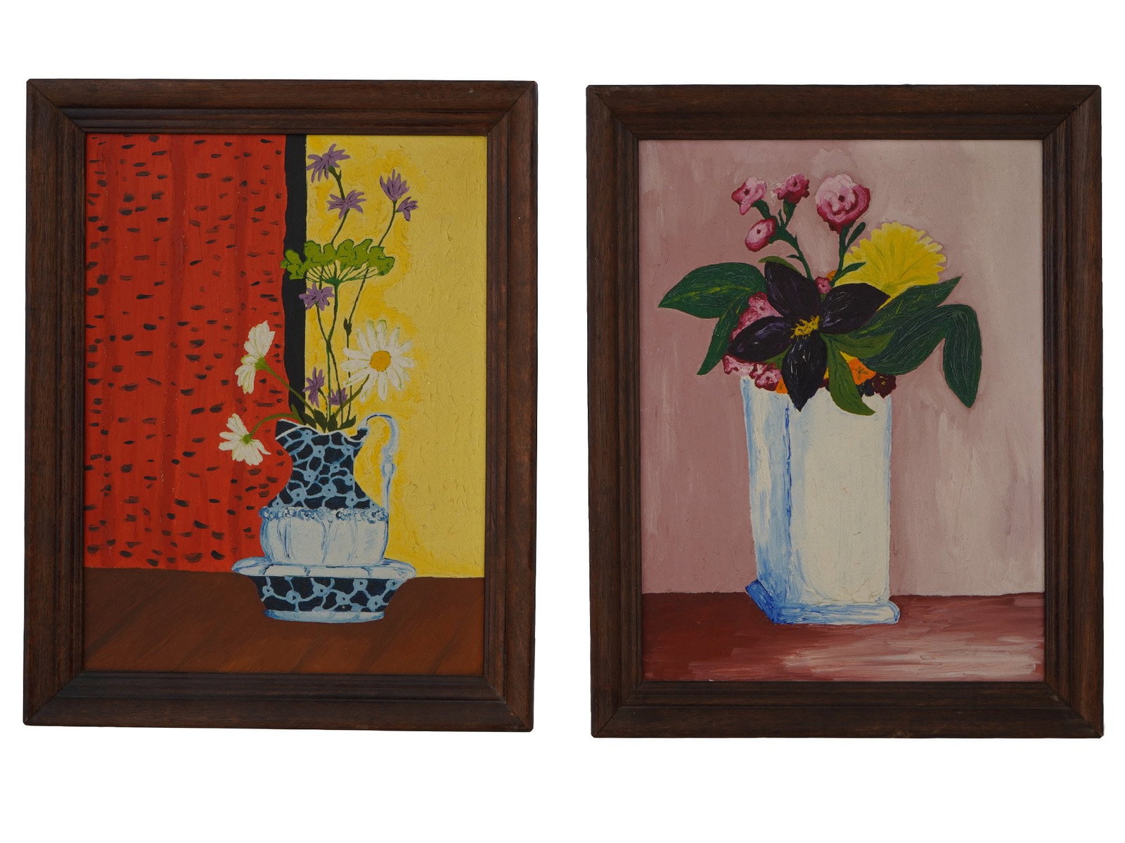 VINTAGE OIL STILL LIFE WITH FLOWERS PAINTINGS: Two vintage oil paintings on board, both depicting still life compositions with flowers. Each painting is framed. Mid Century Paintings And Art Collectibles. Dimensions: Frame 18 1/2 x 15 in Image 16 