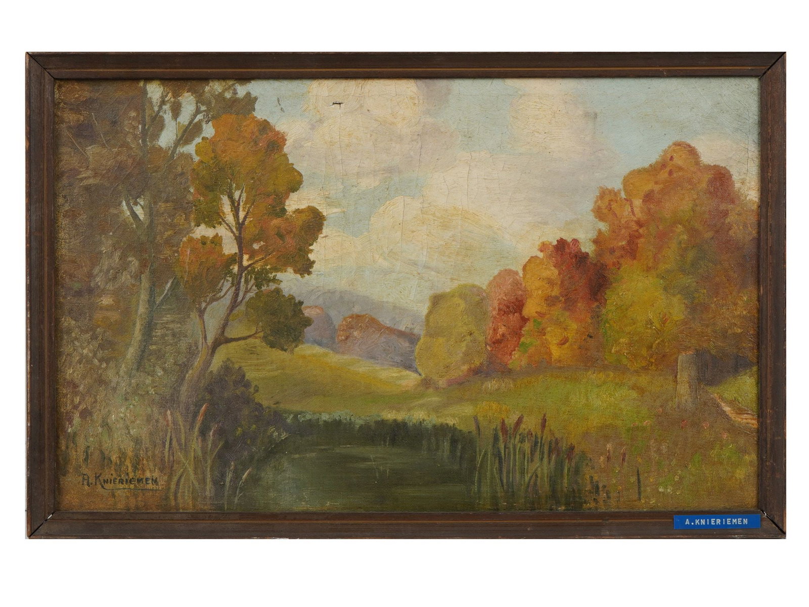 AMERICAN LANDSCAPE OIL PAINTING SIGNED KNIERIEMEN: Oil on canvas painting. American, early to mid-20th century. The artwork represents a forest landscape. Signed by the artist in the lower left, A. Knieriemen. Wooden frame. Collectible Fine Art And Wa