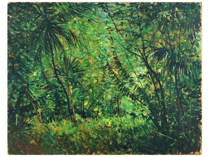 ATTR TO LOUIS ASTON KNIGHT LANDSCAPE OIL PAINTING: Oil on board painting. Attributed to Louis Aston Knight, 1873 to 1948, a French-born American landscape artist. The artwork represents forest thickets. Signed and inscribed Paris in the lower left. Un