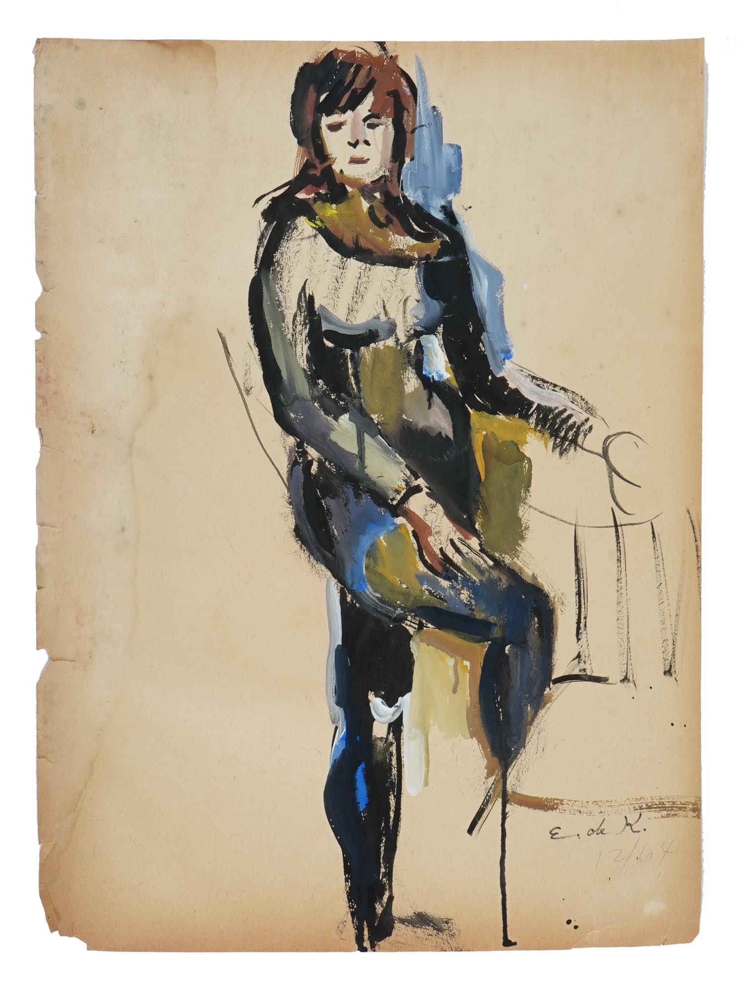 ATTR TO ELAINE DE KOONING MIXED MEDIA PAINTING: Attributed to Elaine Fried de Kooning, American 1918 to 1989, a mixed media painting on paper depicting a portrait of a woman. Signed lower right. Elaine Marie Catherine de Kooning was an Abstract Exp