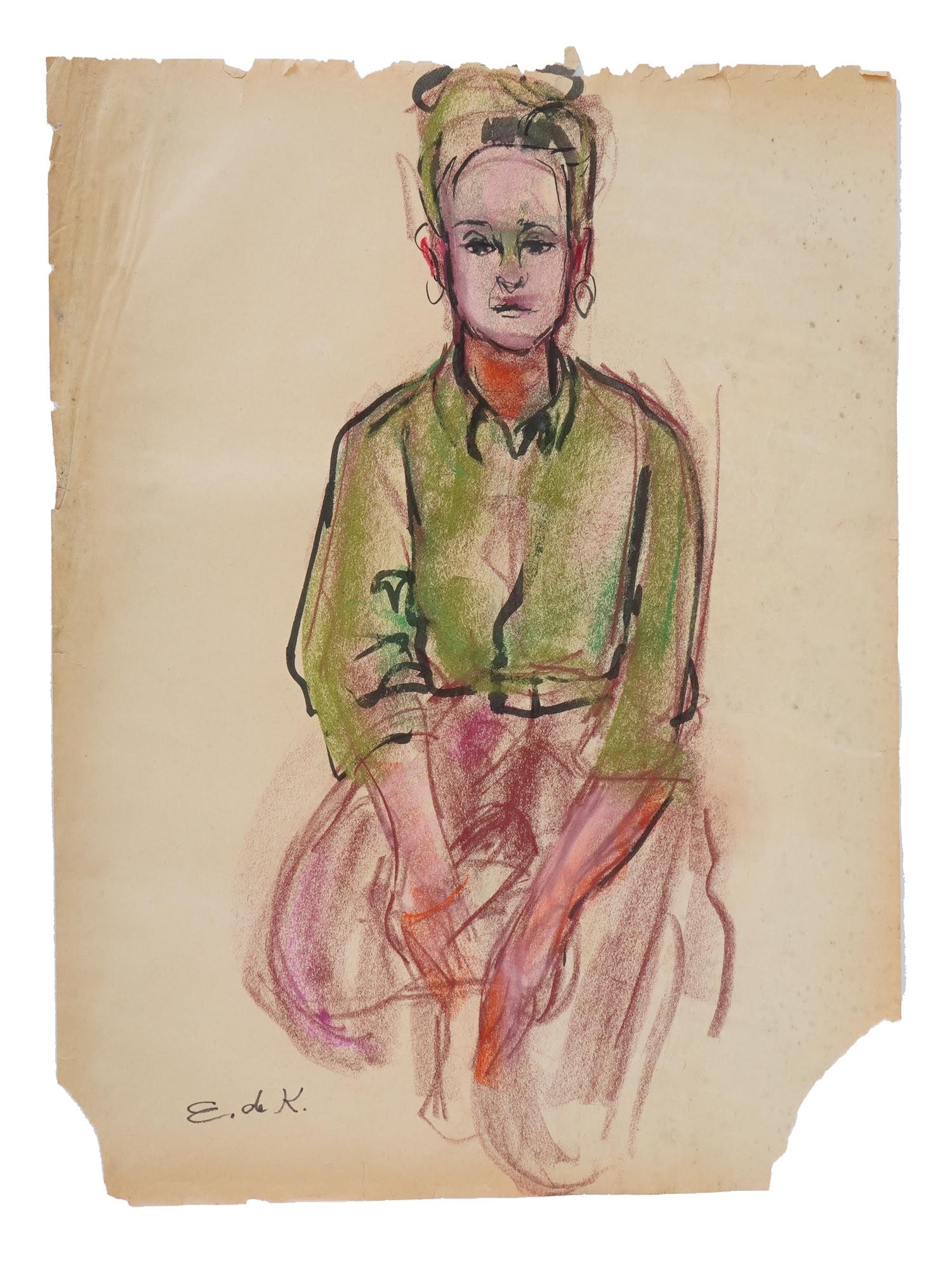 ATTR TO ELAINE DE KOONING MIXED MEDIA PAINTING: Attributed to Elaine Fried de Kooning, American 1918 to 1989, a mixed media painting on paper depicting a portrait of a woman. Signed lower left. Elaine Marie Catherine de Kooning was an Abstract Expr