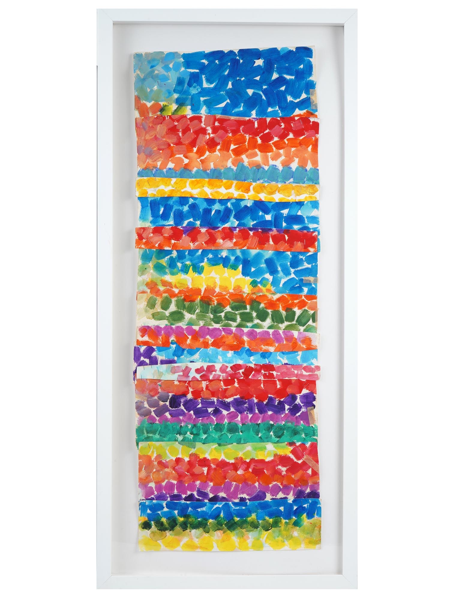 ABSTRACT AMERICAN PAINTING AFTER ALMA THOMAS: An acrylic painting on paper depicting an abstract composition after Alma Woodsey Thomas, Afro American, 1891 to 1978. Framed. The composition is made of rectangular pieces of paper held together with