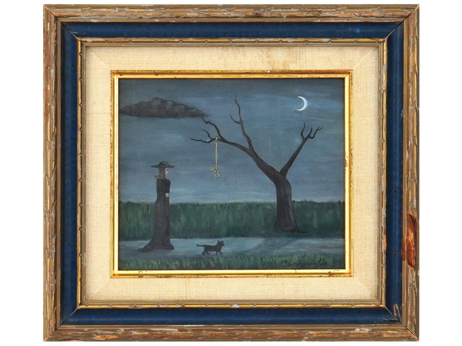 AMERICAN SCHOOL MAGICAL REALISM OIL PAINTING SIGNED: An American School oil painting on board depicting a composition with a woman and a cat in a night landscape in the manner of Magical Realism. Signed and dated 54, lower right. Framed. Mid Century Pai