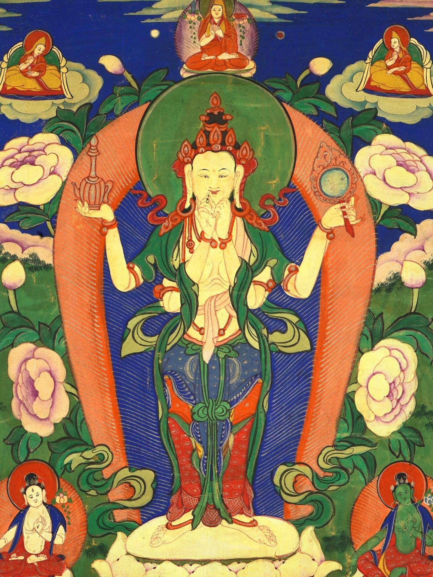 ANTIQUE CHINESE THANGKA PAINTING TIBET AVALOKITESVARA: An antique Chinese thangka painting from Tibet depicting Avalokitesvara, known in Sanskrit as the Bodhisattva of Compassion, rendered in opaque pigments on cloth. One of the most revered figures in Ma