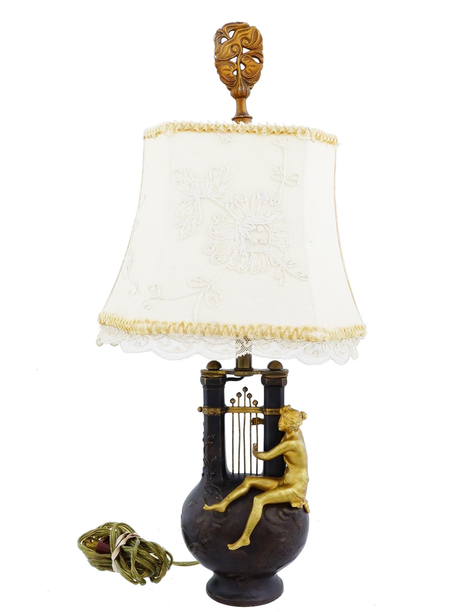 FERVILLE SUAN ANTIQUE FRENCH ART NOUVEAU BRONZE LAMP: An antique French Art Nouveau bronze table lamp by Charles Ferville Suan, 1847 to 1925. Nymph Playing a Harp. The base of the lamp is modeled in the shape of a sculpted gilt harp, played by a seated n
