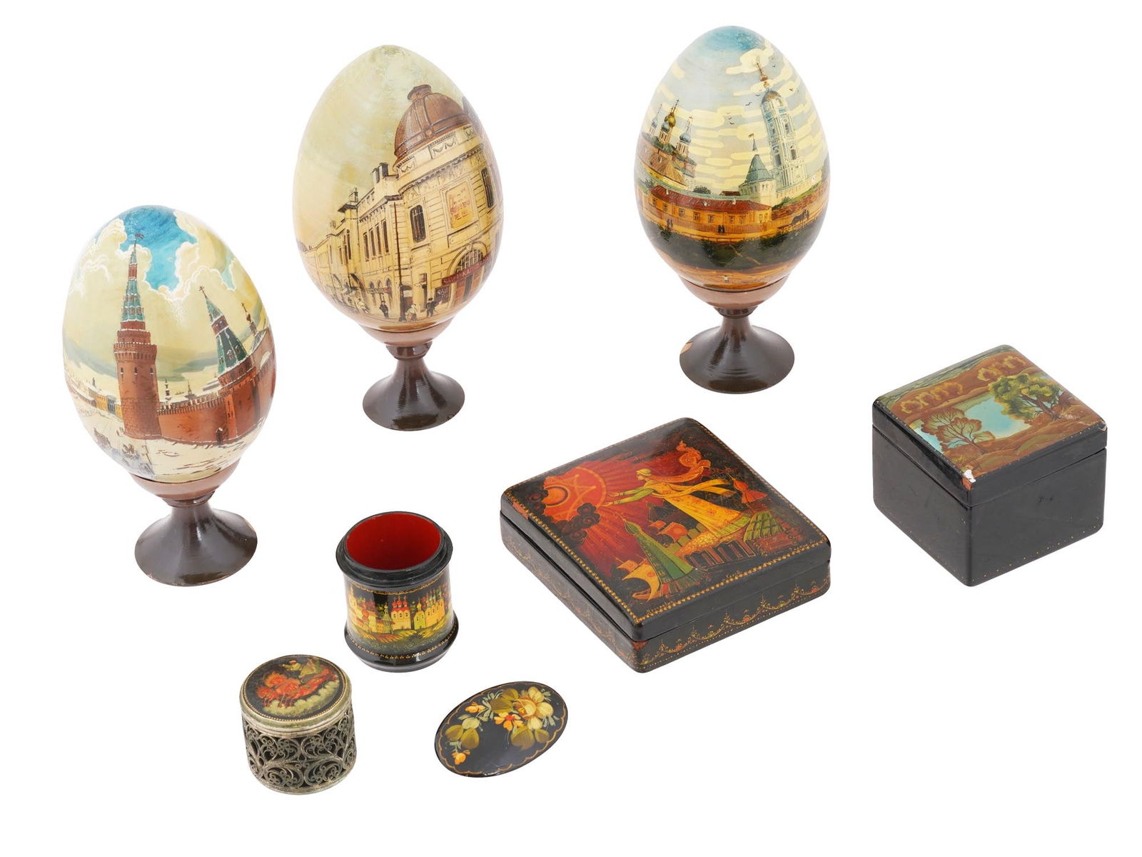 VINTAGE RUSSIAN LACQUERED WOOD BROOCH BOXES EGGS (1 of 14)