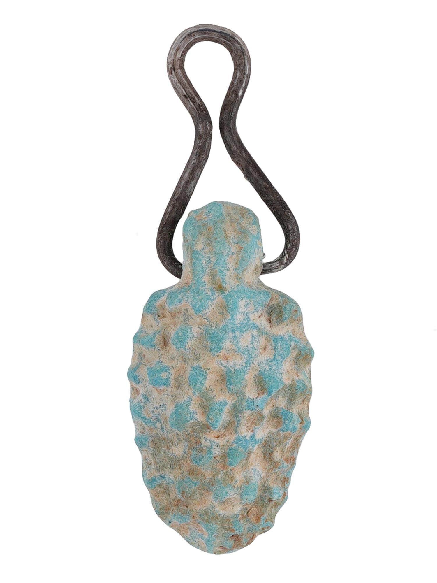 700 TO 200 BC ANCIENT EGYPTIAN FAIENCE AMULET PENDANT: An ancient Egyptian Late Period faience amulet pendant, made in the grape design. The amulet features metal fittings, showcasing the craftsmanship of the era. Faience, a ceramic material with a glazed
