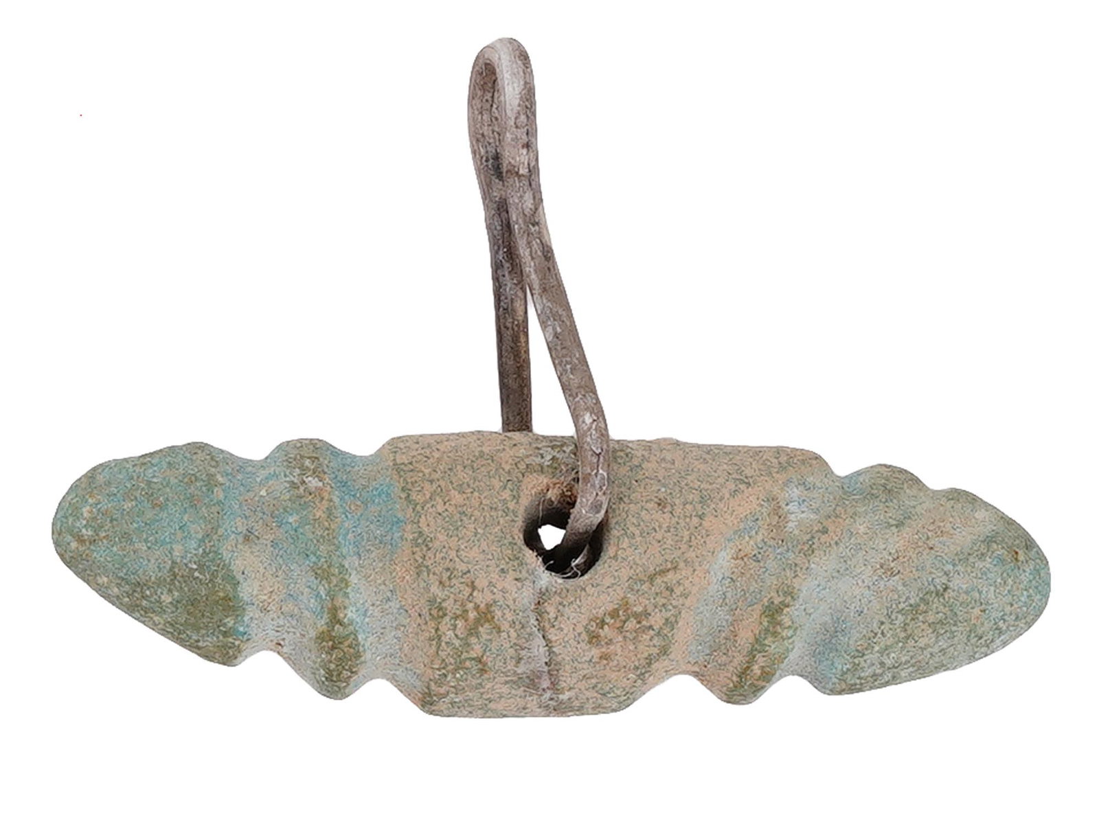ANCIENT EGYPTIAN FAIENCE PHALLUS AMULET PENDANT: An ancient Egyptian Late Period faience amulet pendant, designed in the shape of an erotic phallus. The amulet features metal fittings, showcasing the craftsmanship of the era. Faience, a ceramic mate