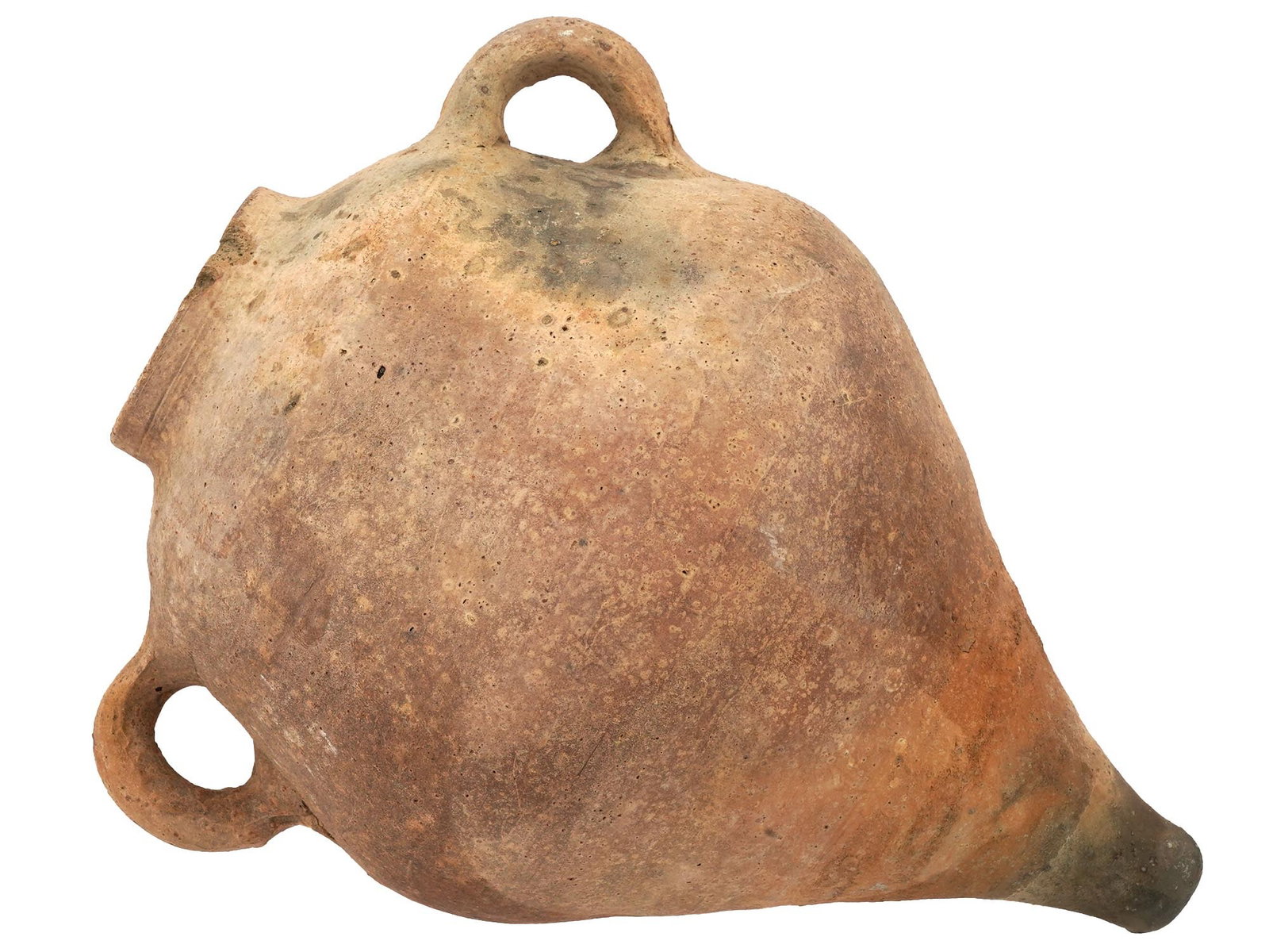 ANCIENT BYZANTINE EMPIRE TERRACOTTA AMPHORA VASE: An Ancient Byzantine Empire terracotta amphora vase for wine storage. Ca. 400 to 600 AD. Historical Collectibles, Archaeological Relics, Ceramics And Pottery. Dimensions: H 7 1/2 in. All measurements 