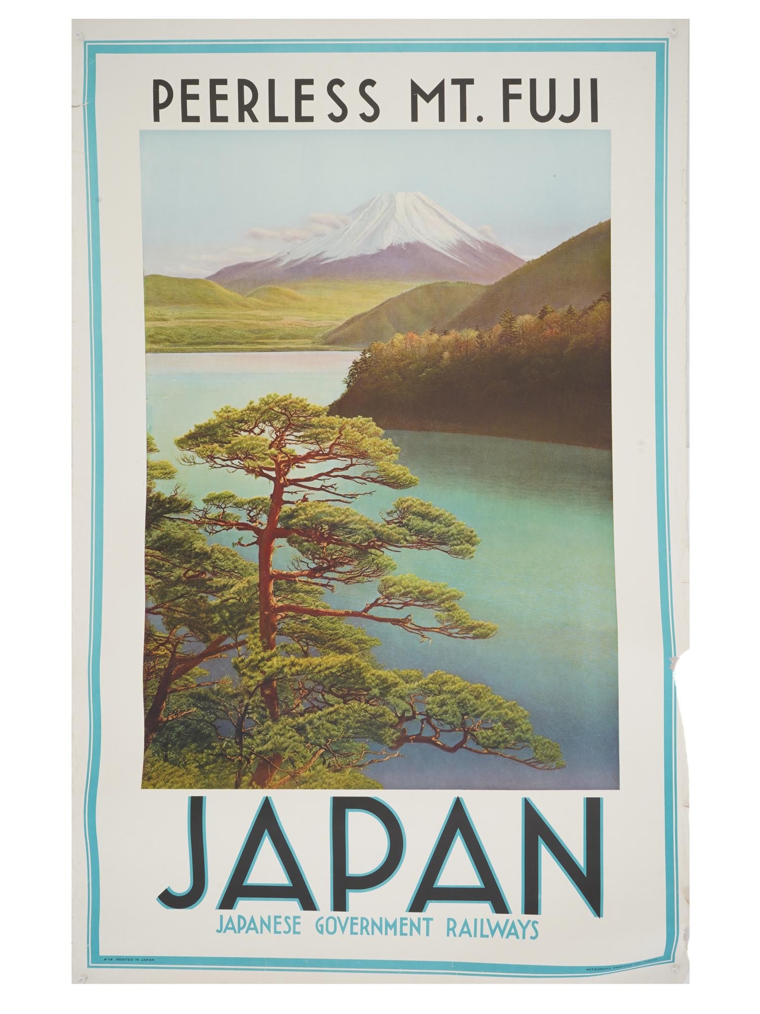 VINTAGE JAPANESE POSTER MOUNT FUJI GOVERNMENT RAILWAYS: A vintage Japanese travel poster, published by Japanese Government Railways, showcasing the majestic Mount Fuji. The artwork highlights the iconic peaks beauty, emphasizing its cultural and natural si
