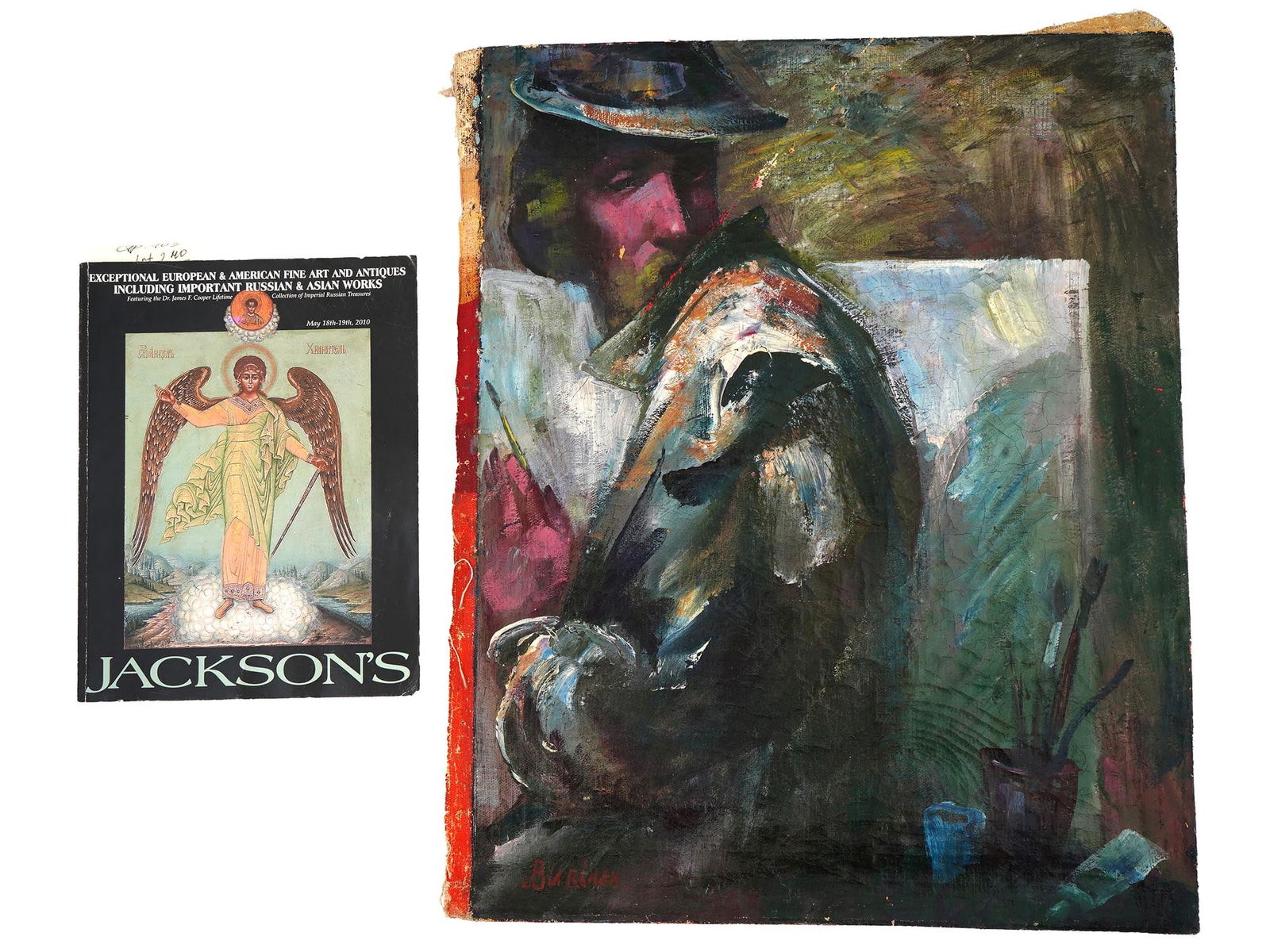 RUSSIAN OIL PAINTING BY DAVID BURLIUK WITH CATALOG: David Burliuk, Ukrainian, Russian, American, 1882 to 1967, oil painting on canvas depicting a mail portrait. Signed lower left. Provenance: catalog included. David Davidovich Burliuk was an artist, po