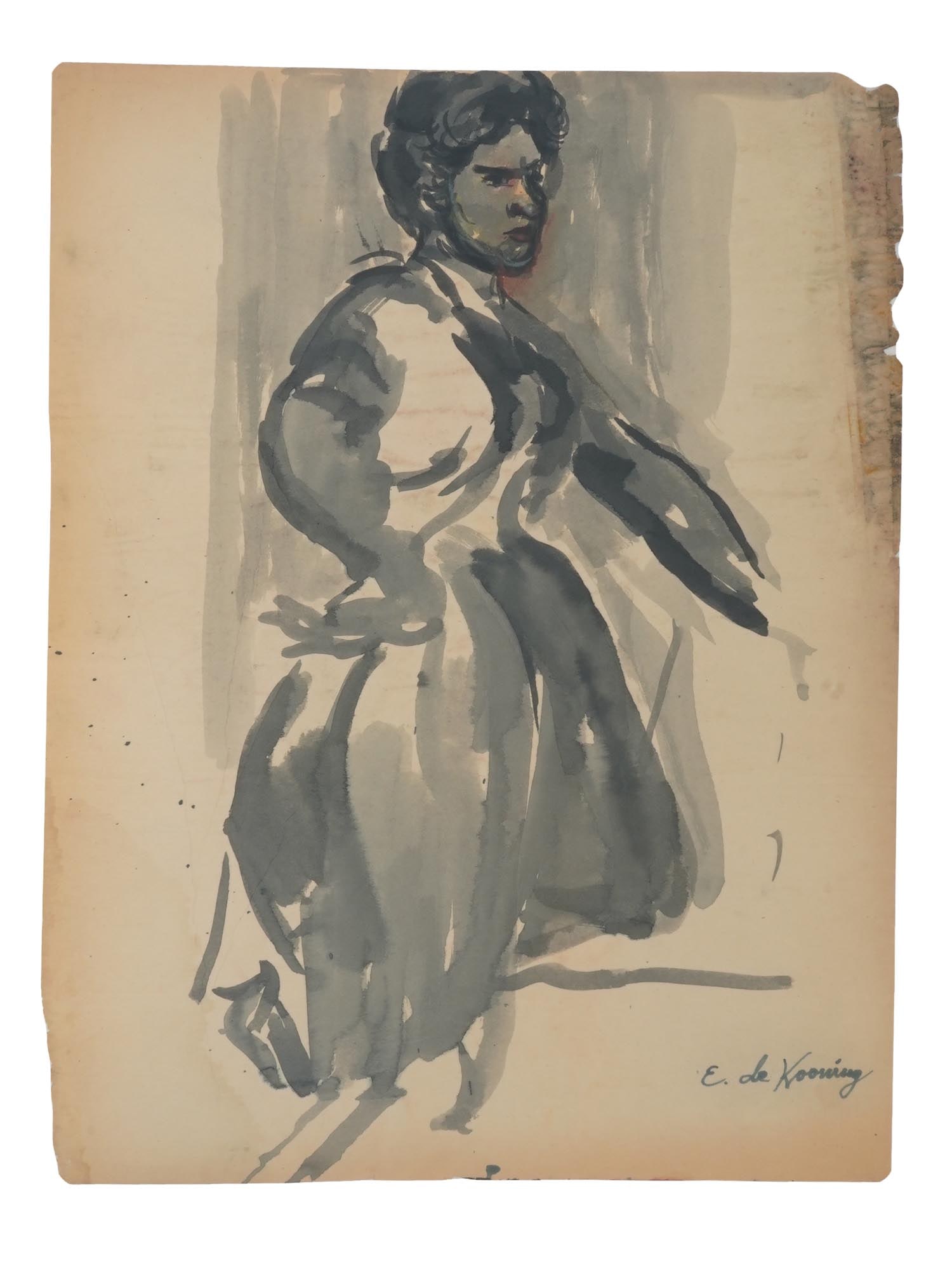 ATTR TO ELAINE DE KOONING MIXED MEDIA SKETCH PAINTING: Attributed to Elaine Fried de Kooning, American 1918 to 1989, a mixed media painting on paper depicting a sketch portrait of a woman. Signed lower right. Elaine Marie Catherine de Kooning was an Abstr