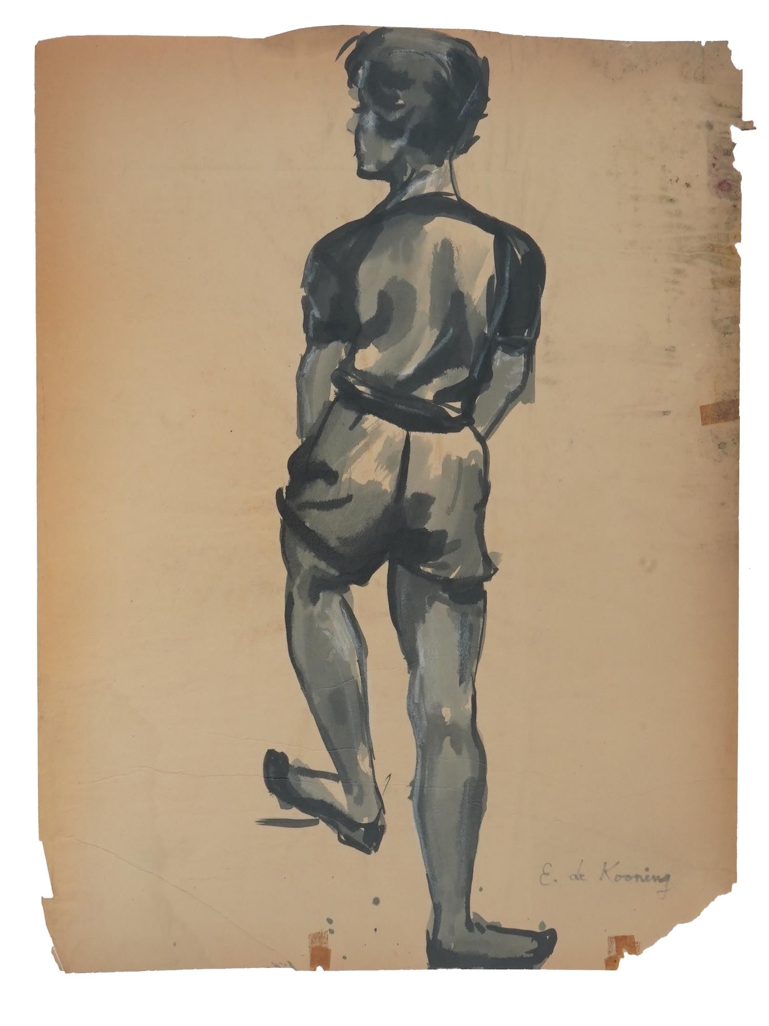 ATTR TO ELAINE DE KOONING MIXED MEDIA SKETCH PAINTING: Attributed to Elaine Fried de Kooning, American 1918 to 1989, a mixed media on paper depicting a sketch portrait of a man. Signed lower right. Elaine Marie Catherine de Kooning was an Abstract Express