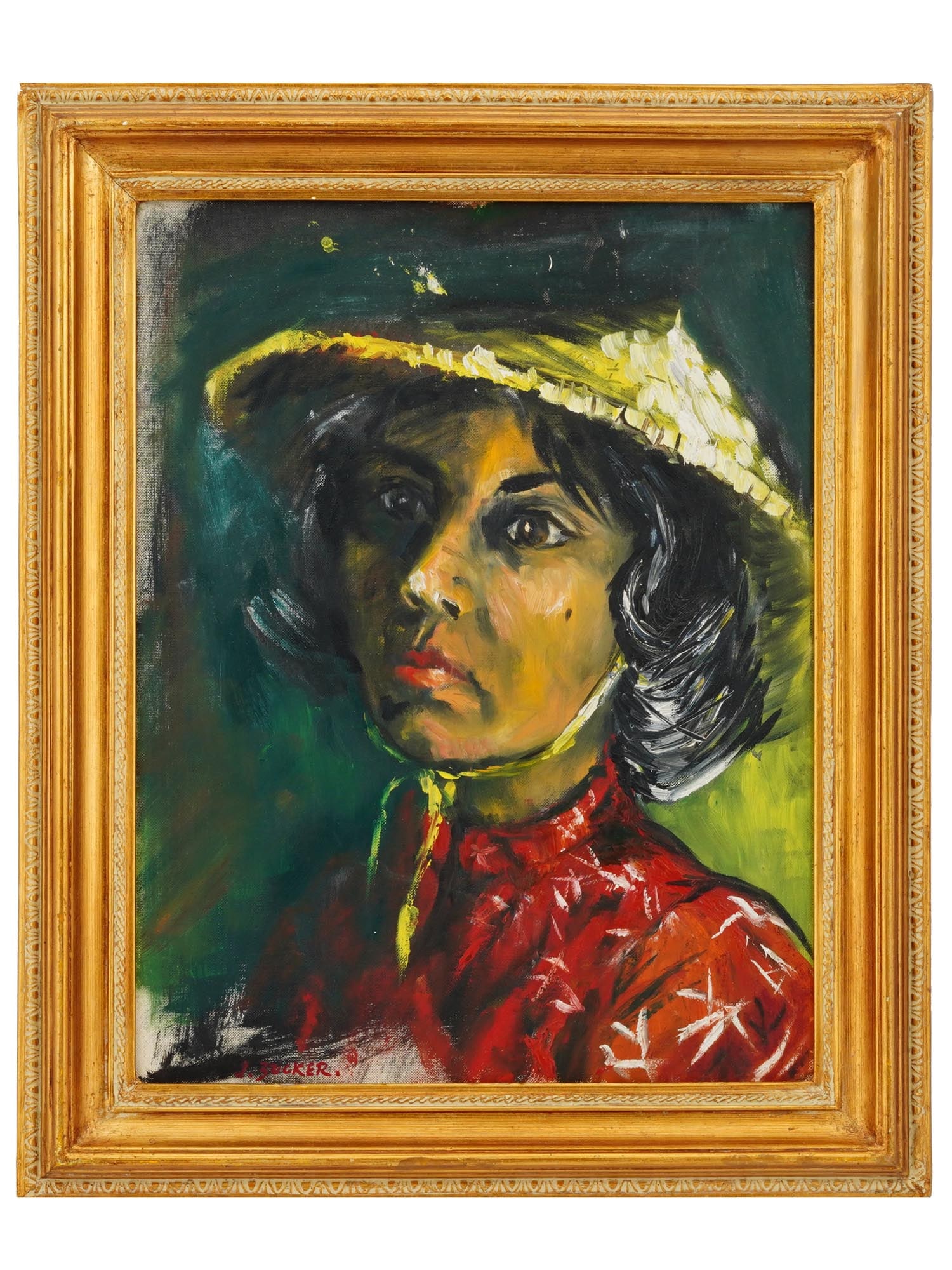 OIL PORTRAIT PAINTING ATTR TO JACQUES ZUCKER: A vintage oil on board painting attributed to Jacques Zucker, 1900 to 1981, Jewish American artist. The Expressionist artwork depicts a female portrait in a conical Vietnamese hat and Asian outfit. Si