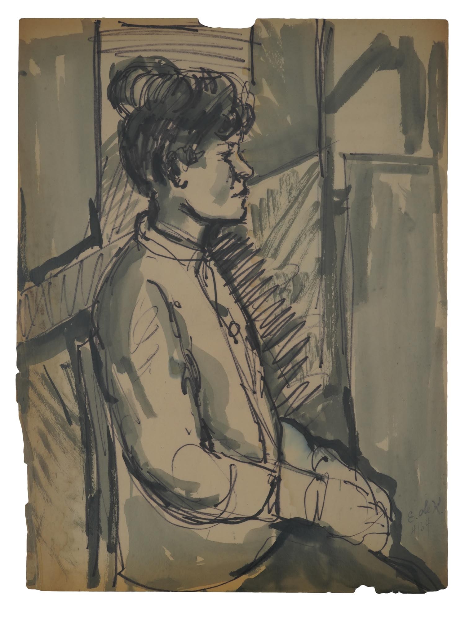 ATTR TO ELAINE DE KOONING MIXED MEDIA PAINTING: Attributed to Elaine Fried de Kooning, American 1918 to 1989, a mixed media painting on paper depicting a portrait of a woman, 1964. Signed and dated, lower right. Elaine Marie Catherine de Kooning wa