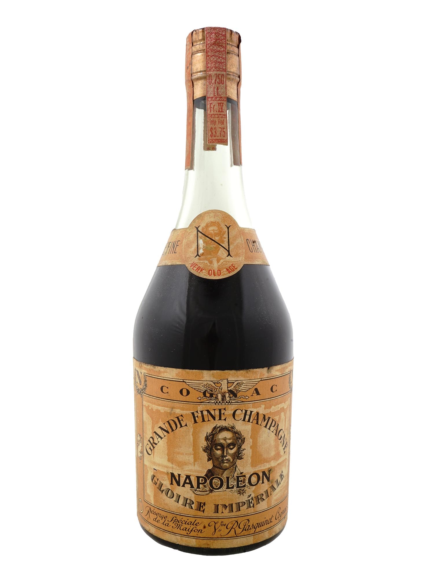 GRANDE FINE CHAMPAGNE NAPOLEON COGNAC BOTTLE: A vintage French Grande Fine Champagne Napoleon Gloire Imperiale Cognac bottle. Marked, Very Old Age. Marked with original paper labels. The items are for collecting purposes. We did not test the cont