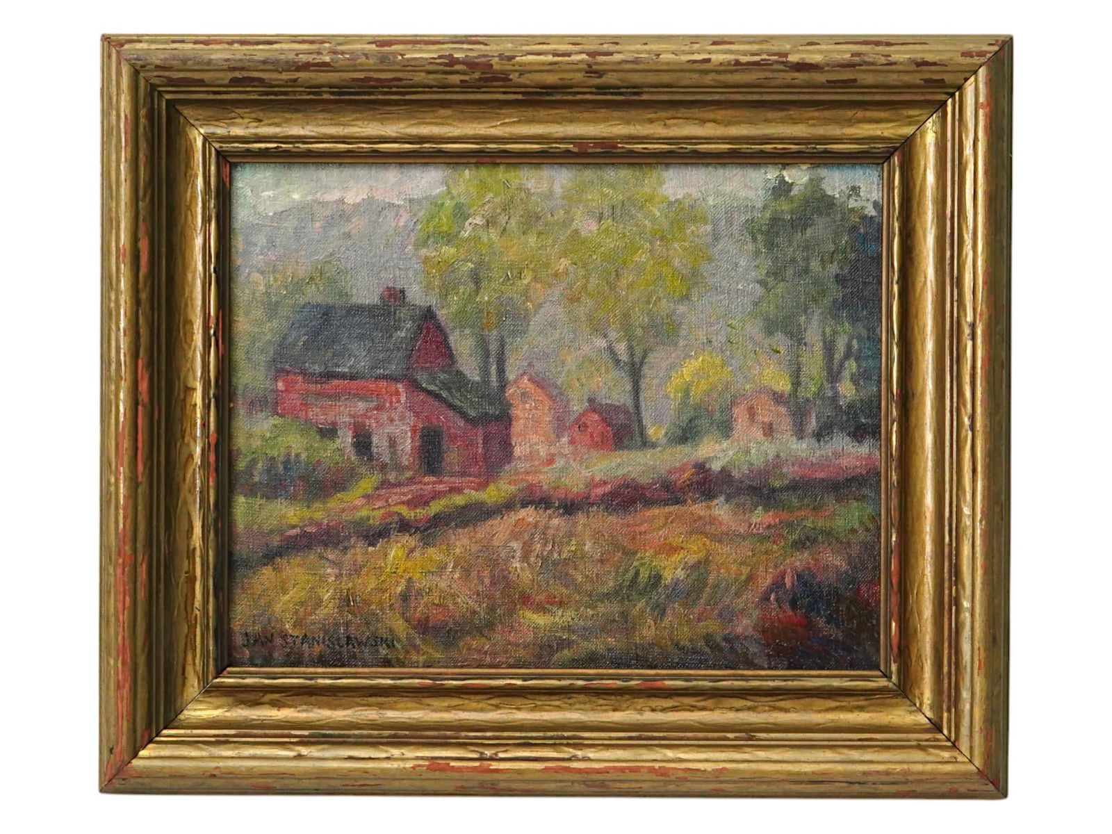 JAN STANISLAWSKI IMPRESSIONIST LANDSCAPE PAINTING: Oil on canvas painting by Jan Stanislawski, 1860 to 1907, a Polish artist based in Krakow, one of the most important Polish landscape painters and pioneer of impressionism in Poland. The artwork depic
