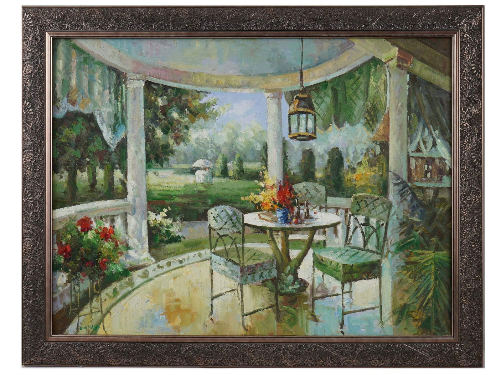 VINTAGE GARDEN LANDSCAPE OIL PAINTING SIGNED (1 of 4)