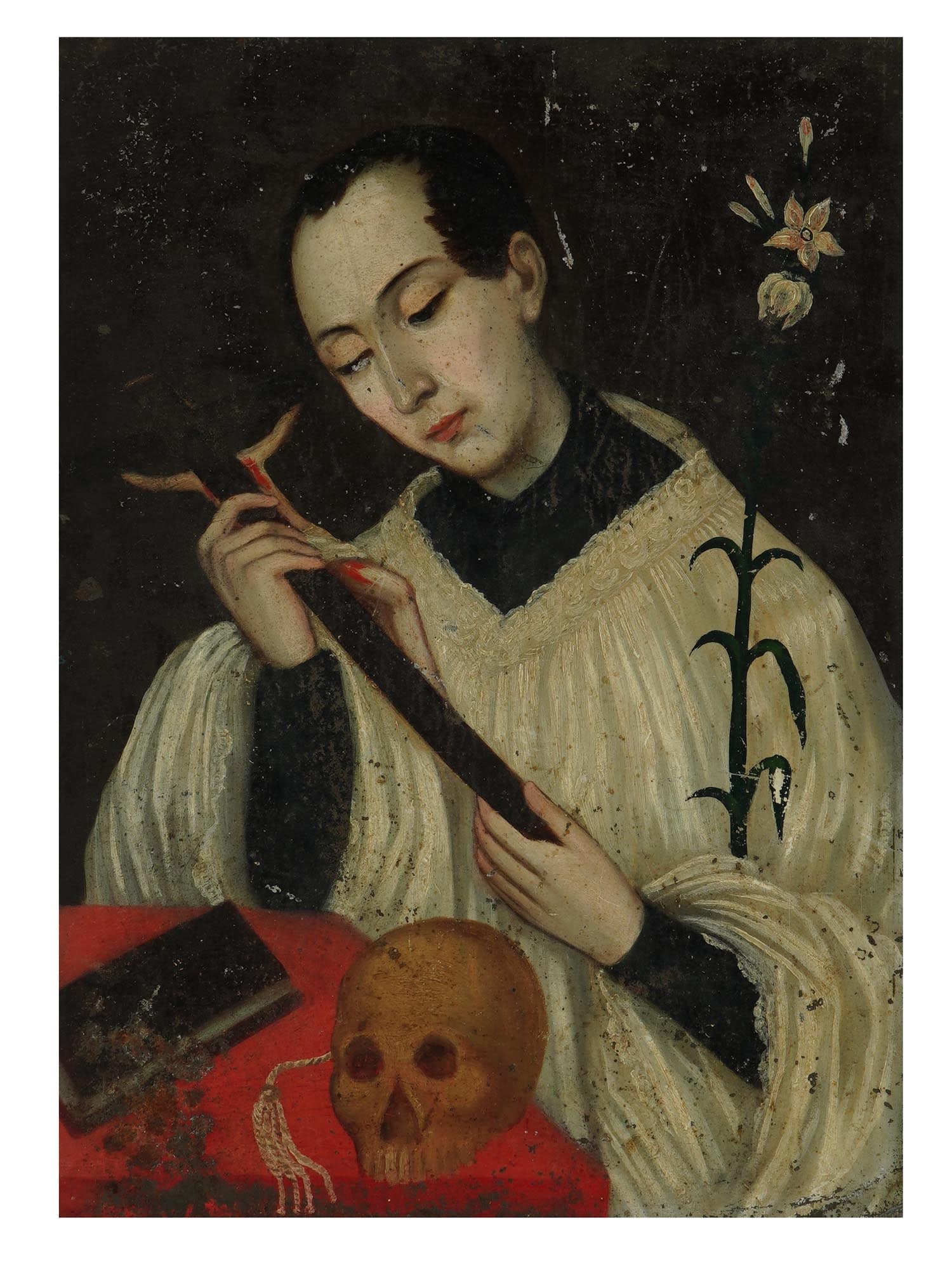 EUROPEAN SCHOOL PORTRAIT OIL PAINTING ON METAL: An antique probably North European School oil painting on metal representing a portrait of a man holding a cross and a branch with flowers with the crucifixion in his hands, and a skull rests on a vib