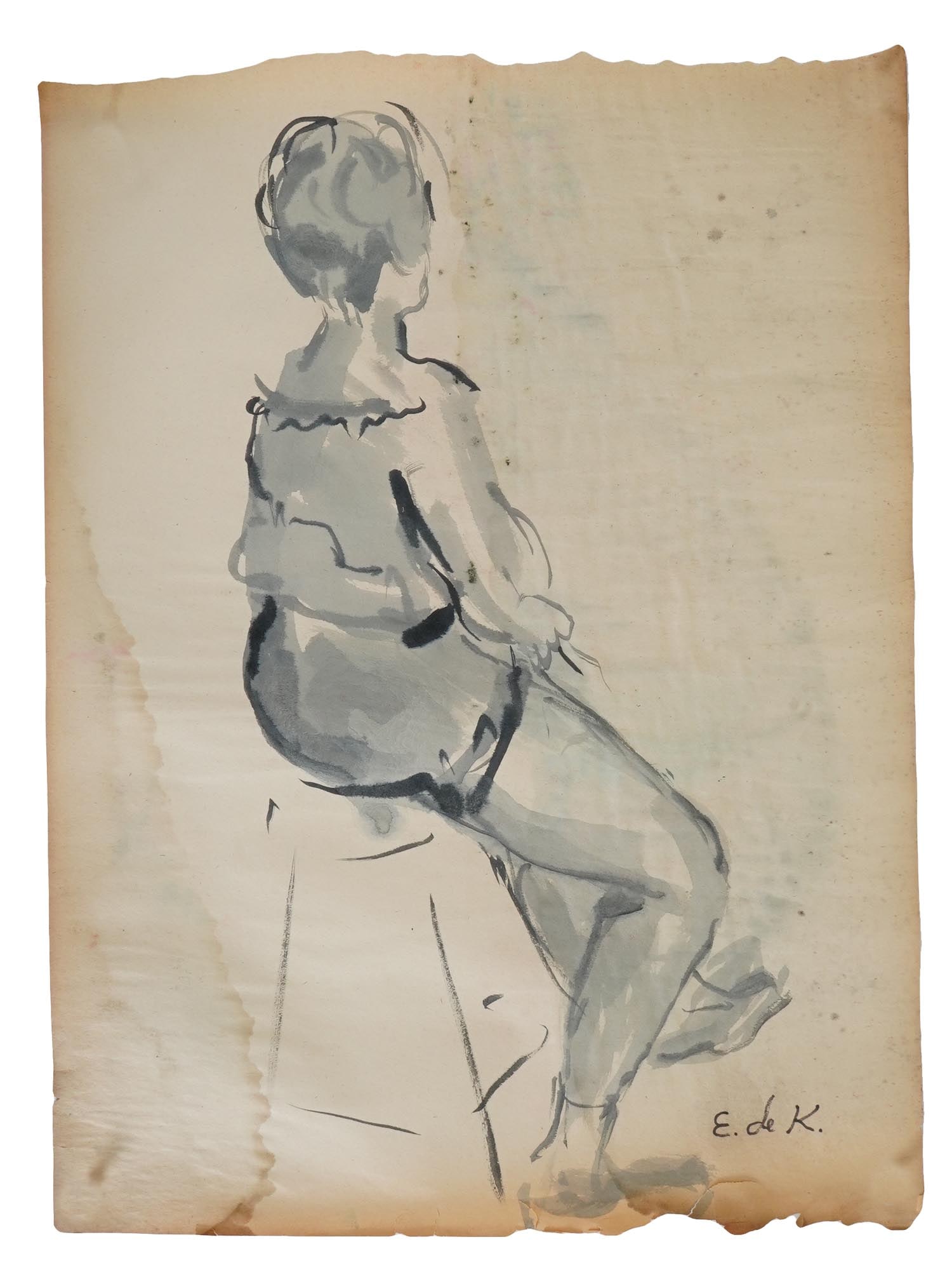 ATTR TO ELAINE DE KOONING MIXED MEDIA PAINTING ON PAPER: Attributed to Elaine Fried de Kooning, American 1918 to 1989, a mixed media painting on paper depicting a sketch portrait of a woman. Signed lower right. Elaine Marie Catherine de Kooning was an Abstr