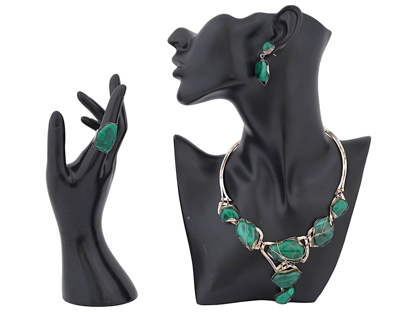 VINTAGE JEWELRY SET POLISHED MALACHITE STONES IN SILVER (1 of 5)
