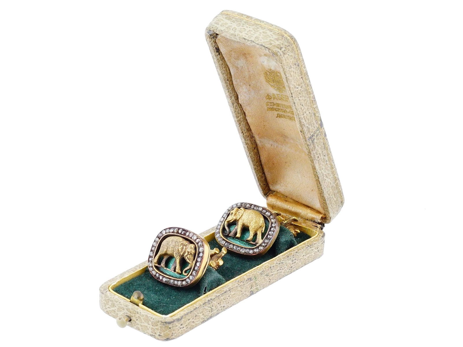 RUSSIAN SILVER ENAMEL DIAMOND ELEPHANT CUFFLINKS IOB (1 of 7)