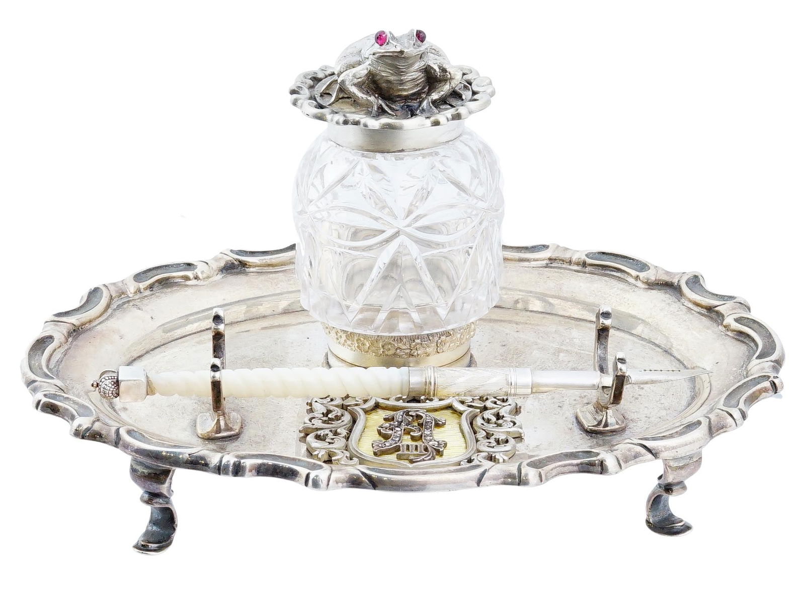 FINE RUSSIAN 84 SILVER CUT CRYSTAL INKWELL SET (1 of 12)