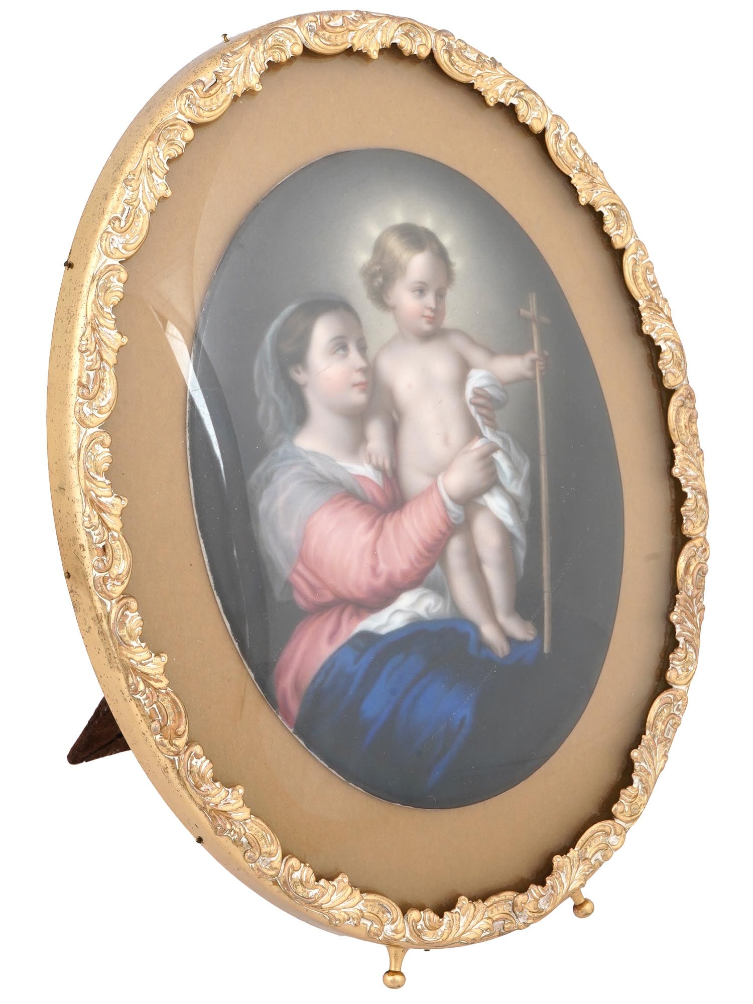 ANTIQUE HAND PAINTED PORCELAIN PLAQUE AFTER MURILLO: An antique 19th century painting on porcelain plaque. After the ca. 1670 artwork titled The Holy Family with John the Baptist and St. Elizabeth by Bartolome Esteban Murillo, 1617 to 1682, a Spanish ar