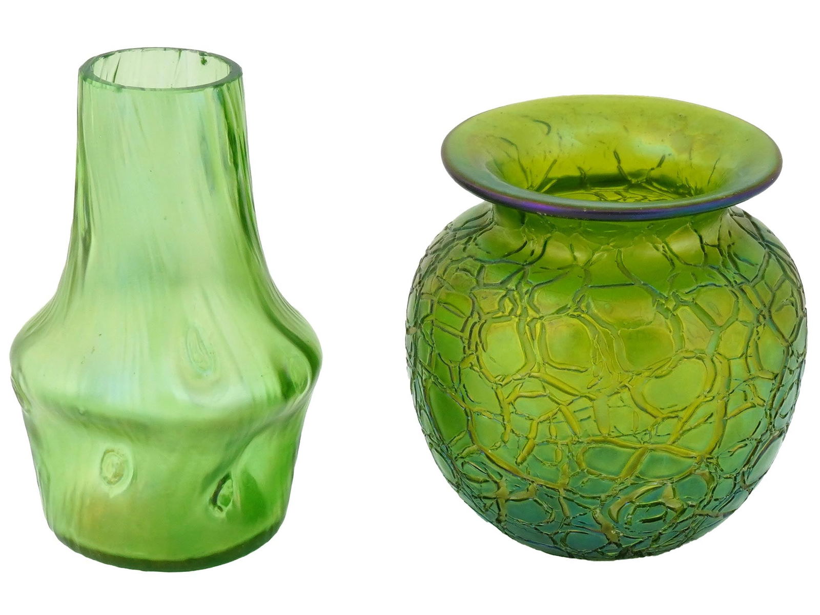 ANTIQUE BOHEMIAN ART NOUVEAU LOETZ WITWE GLASS VASES: A pair of antique Bohemian Art Nouveau green glass vases, crafted by Johann Loetz Witwe in the distinctive Rusticana decor. One vase features a bulbous shape, while the other has a long, tapering neck