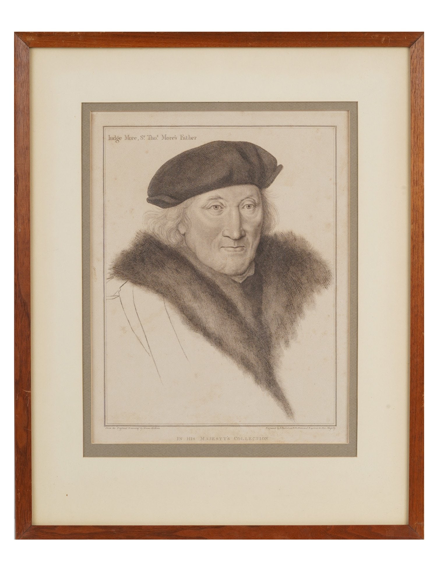 PORTRAIT ENGRAVING BY BARTOLOZZI AFTER HANS HOLBEIN: An engraving on paper, Judge More, Sir Thomas Mores Father, by Francesco Bartolozzi, Italian, 1727 to 1815, after Hans Holbein the Younger, German, born 1497 or 149 to 1543. Dated 1792. Inscribed in t