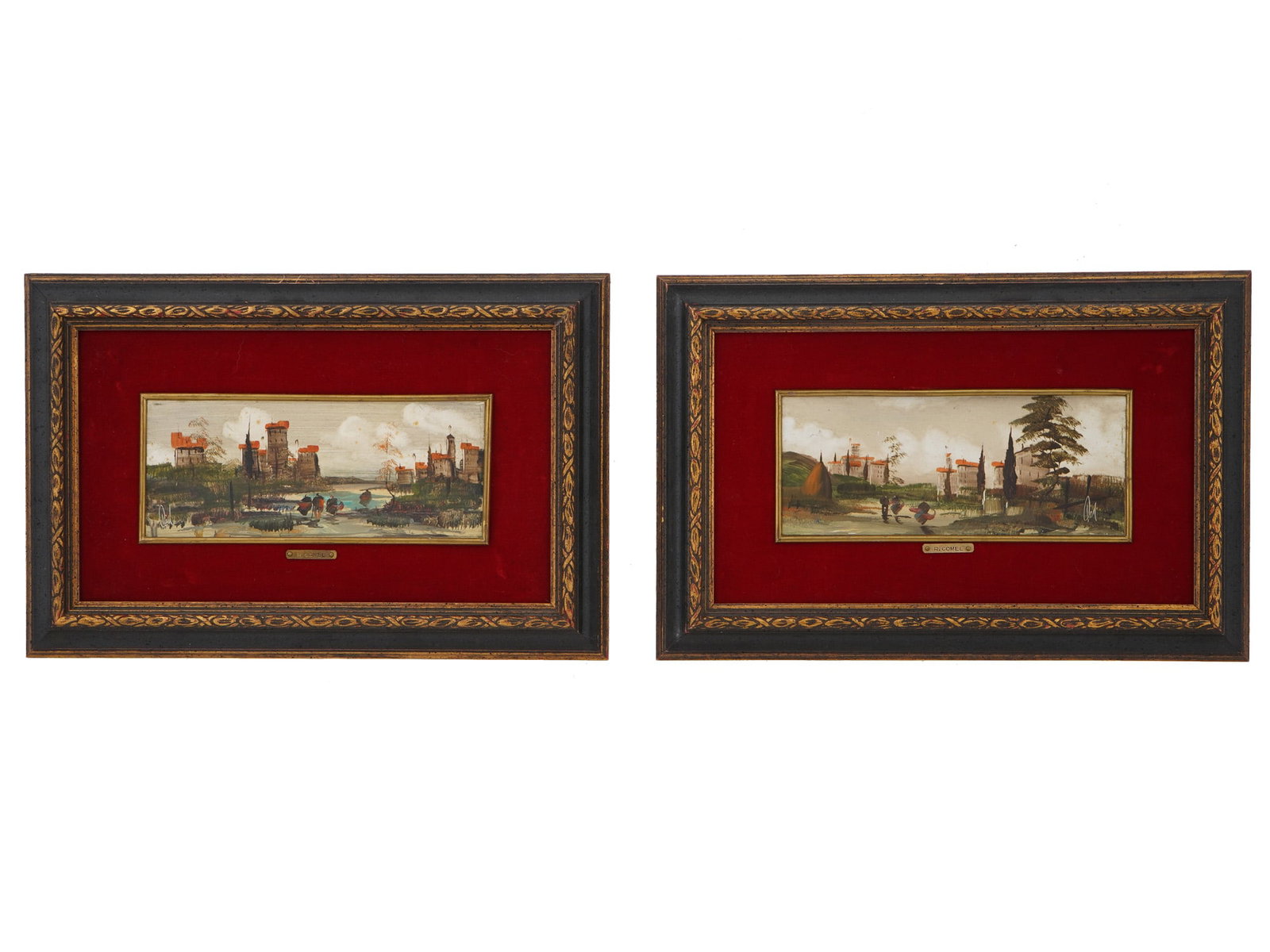 ANTIQUE ITALIAN VENETIAN OIL PAINTING BY R COMEL: R. Comel, Italian, Venetian artist, pair of antique oil paintings on board, Country Road. Each is signed lower right or left. Circa: 1900s. Framed. Inscribed on a gold tone plate, on the front. R. Com