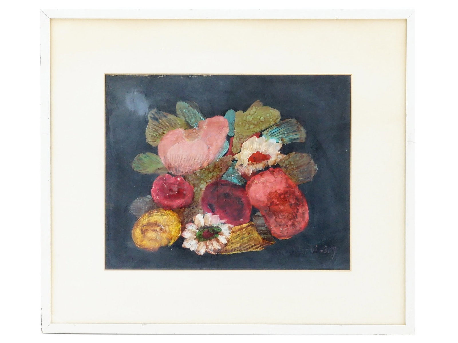 ATTR VERA DE BOSSET STRAVINSKY MIXED MEDIA PAINTING: Attributed to Vera de Bosset Stravinsky, Russian, American, 1888 to 1982, a mixed media painting on paper depicting a still life with flowers. Signed lower right. Framed. Additionally inscribed on the