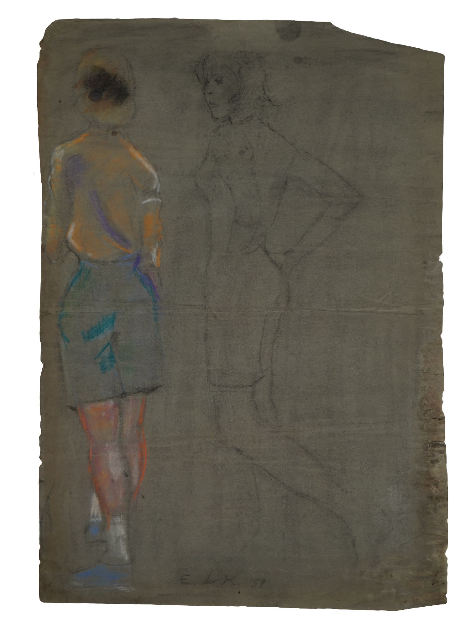 ATTR TO ELAINE DE KOONING MIXED MEDIA PAINTING: Attributed to Elaine Fried de Kooning, American 1918 to 1989, a mixed media painting on paper depicting sketch portraits of women. Signed and dated 1959 lower to the center. Elaine Marie Catherine de
