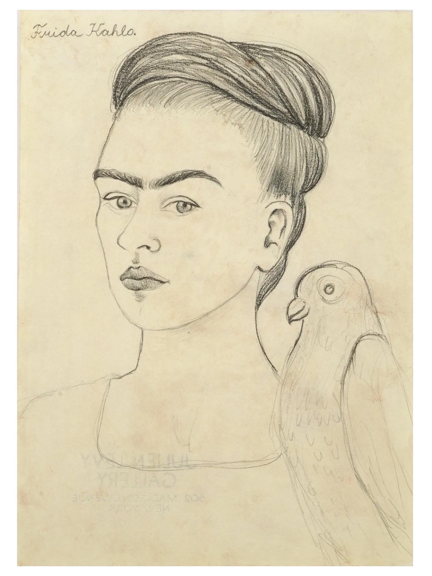 ATTR TO FRIDA KAHLO SELF PORTRAIT PENCIL PAINTING (1 of 5)
